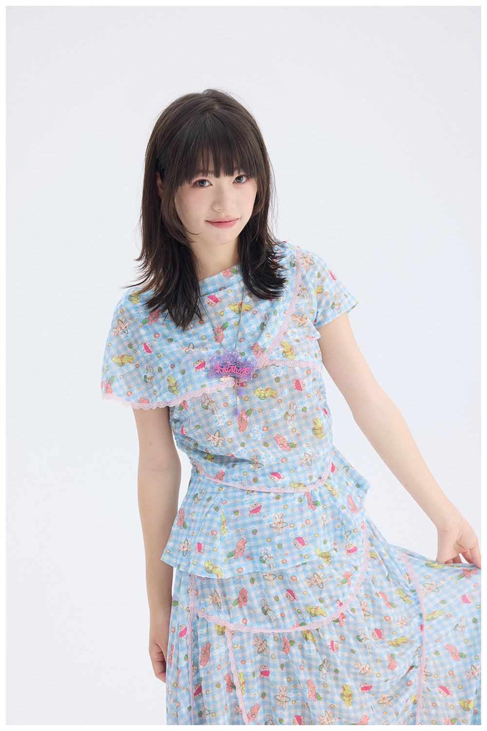 Blue Plaid Rabbit Print Set | Fairy Kei Kawaii Harajuku Outfit by Land Decora