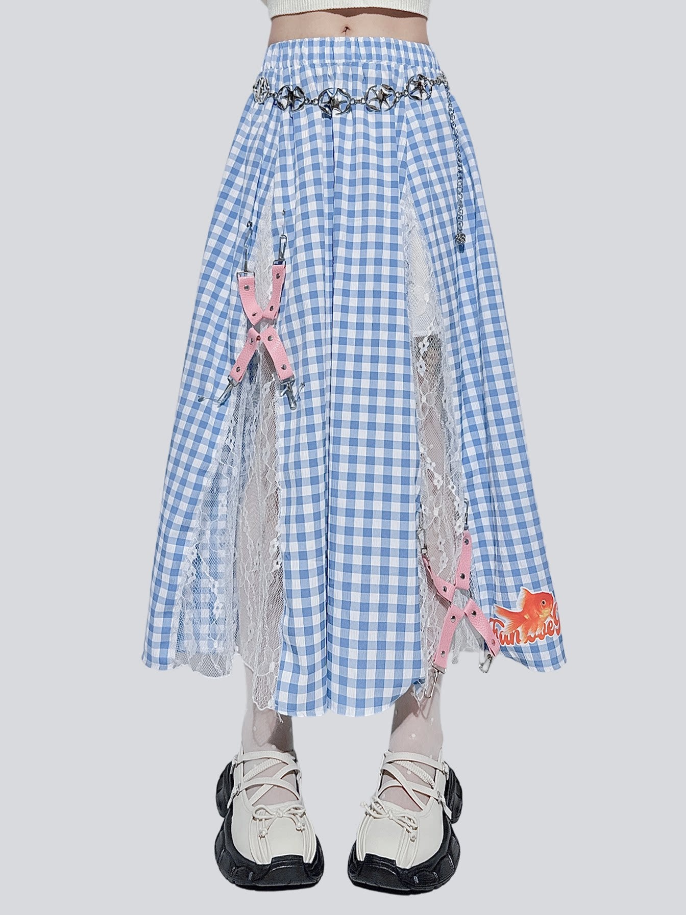 Baby Blue Plaid Maxi Skirt | Sweet Punk Harajuku Lace Skirt by Land Decora