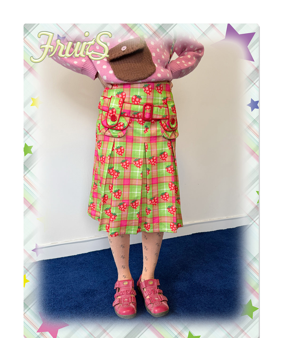 Kawaii Fruit Star Strawberry Print Wool Skirt - FRUITS by Land Decora