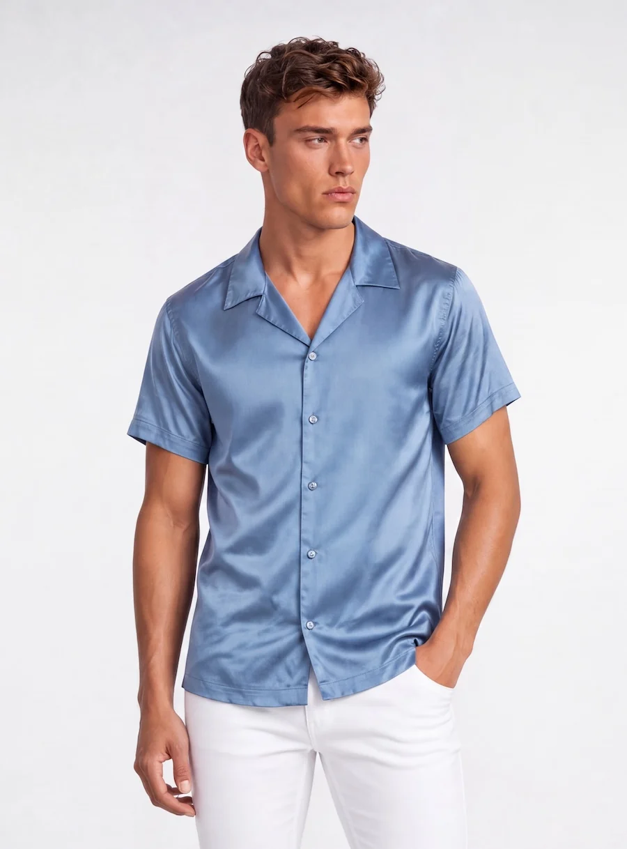 Bond Shirt Silk Steel Blue Short Sleeve Button Down by MONFRERE