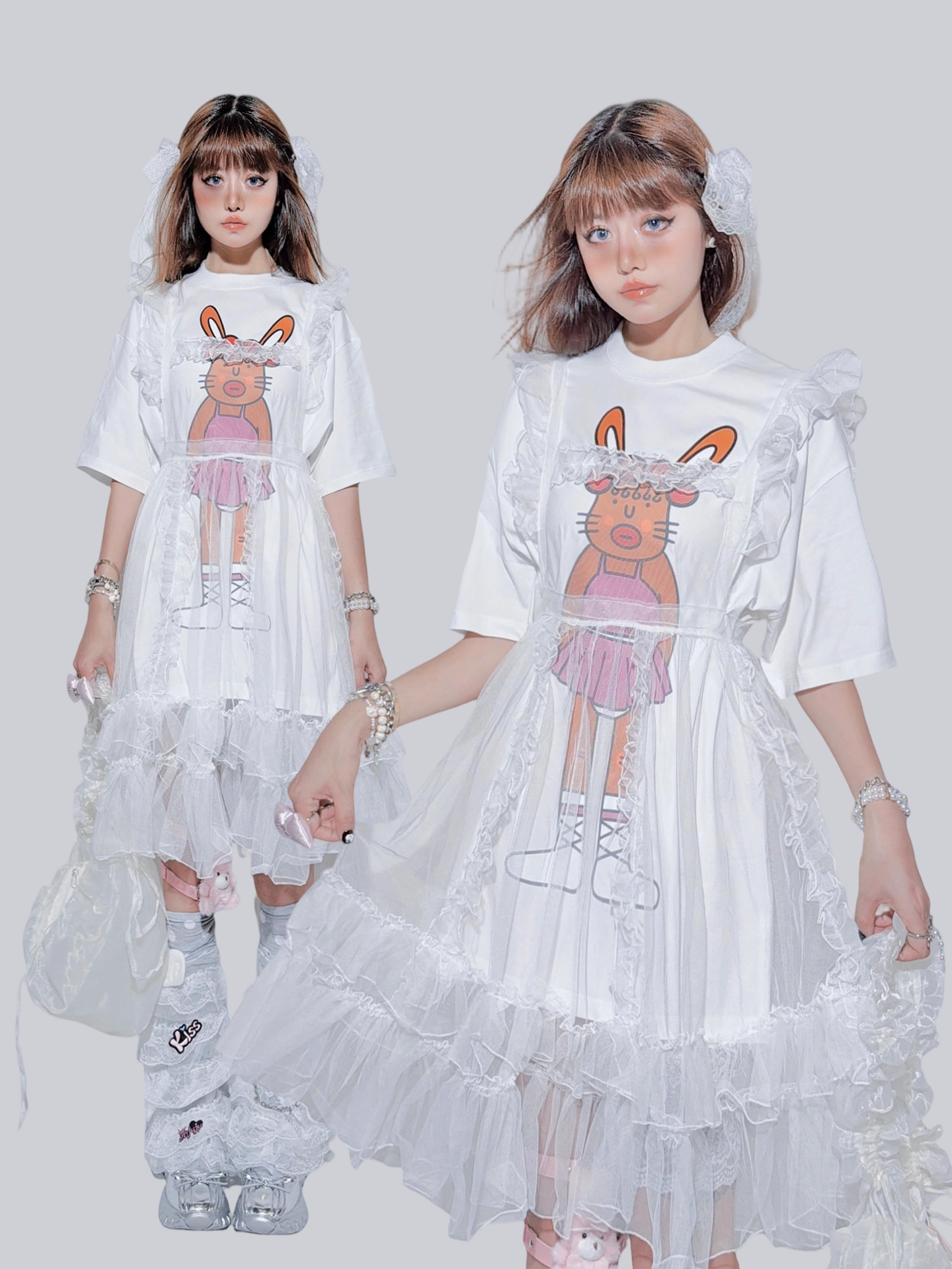 Bunny Graphic Layered T-Shirt | Kawaii Harajuku Mesh Overlay Top by Land Decora