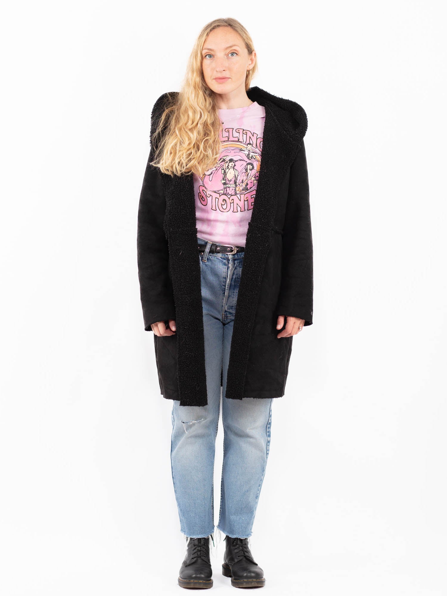 Vintage 90's Women Faux Sheepskin Coat in Black by Northern Grip