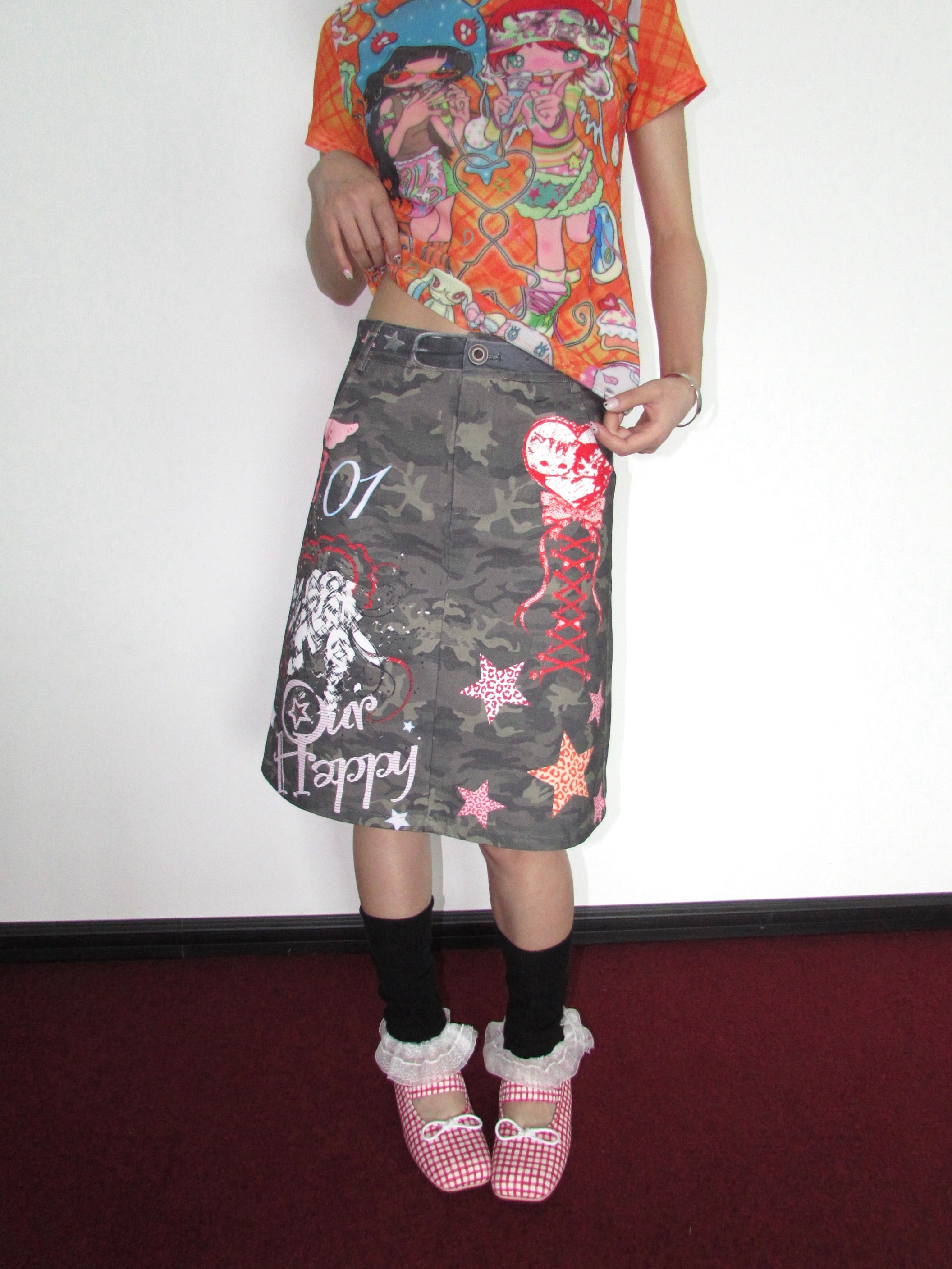 Y2K Graffiti Camo A-Line Midi Skirt - OurHappy by Land Decora
