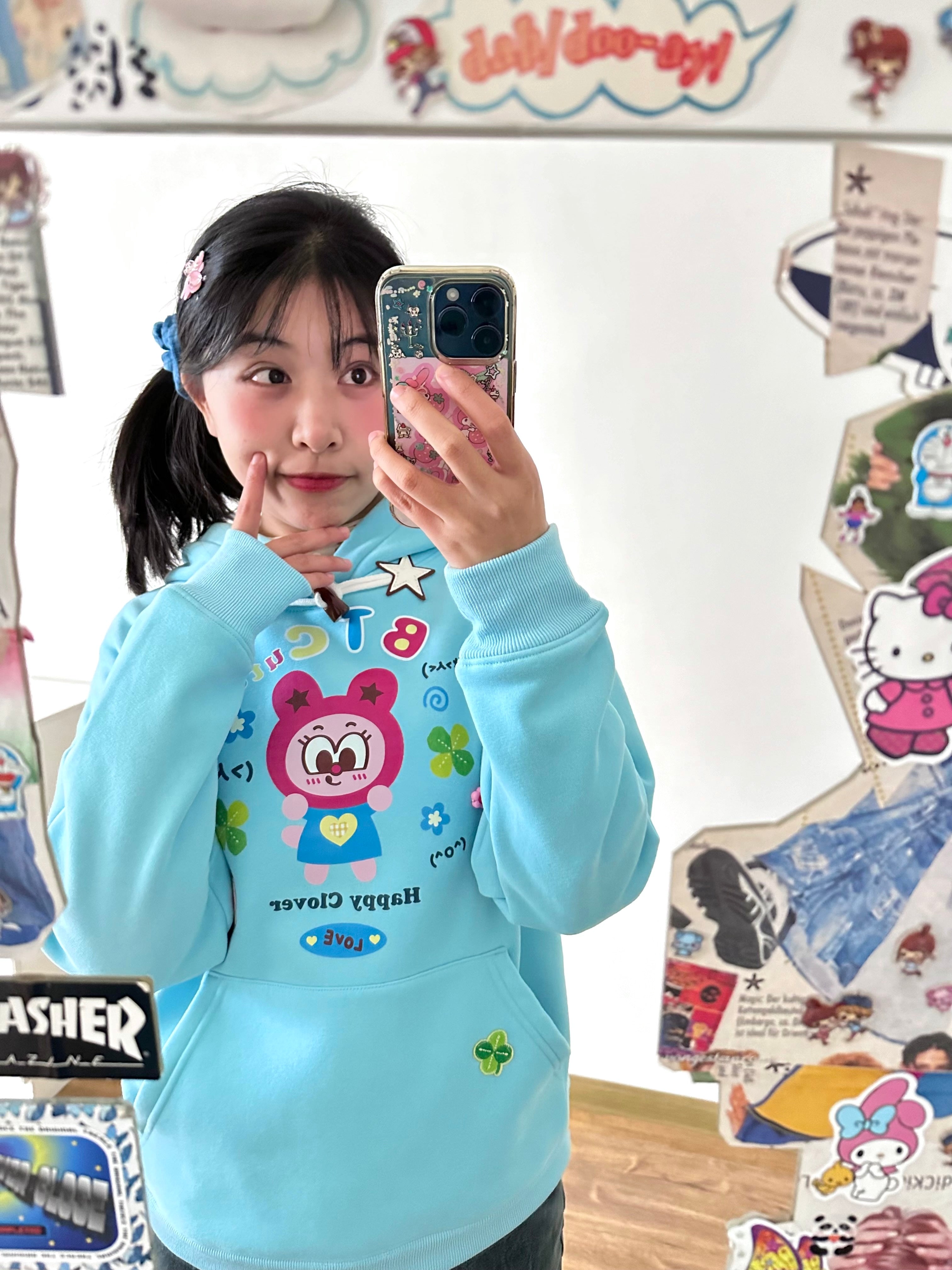 Y2K Horn-Button Printed Hoodie - Bodytalk by Land Decora