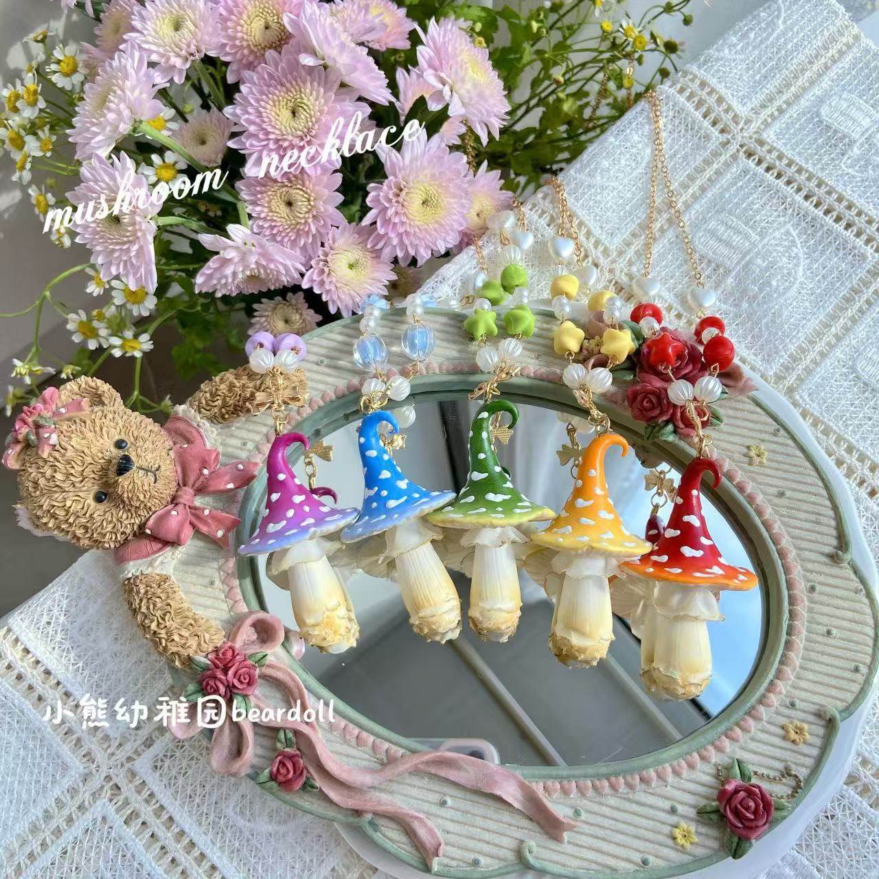 Kawaii Mushroom Beaded Necklace - Bear Doll by Land Decora