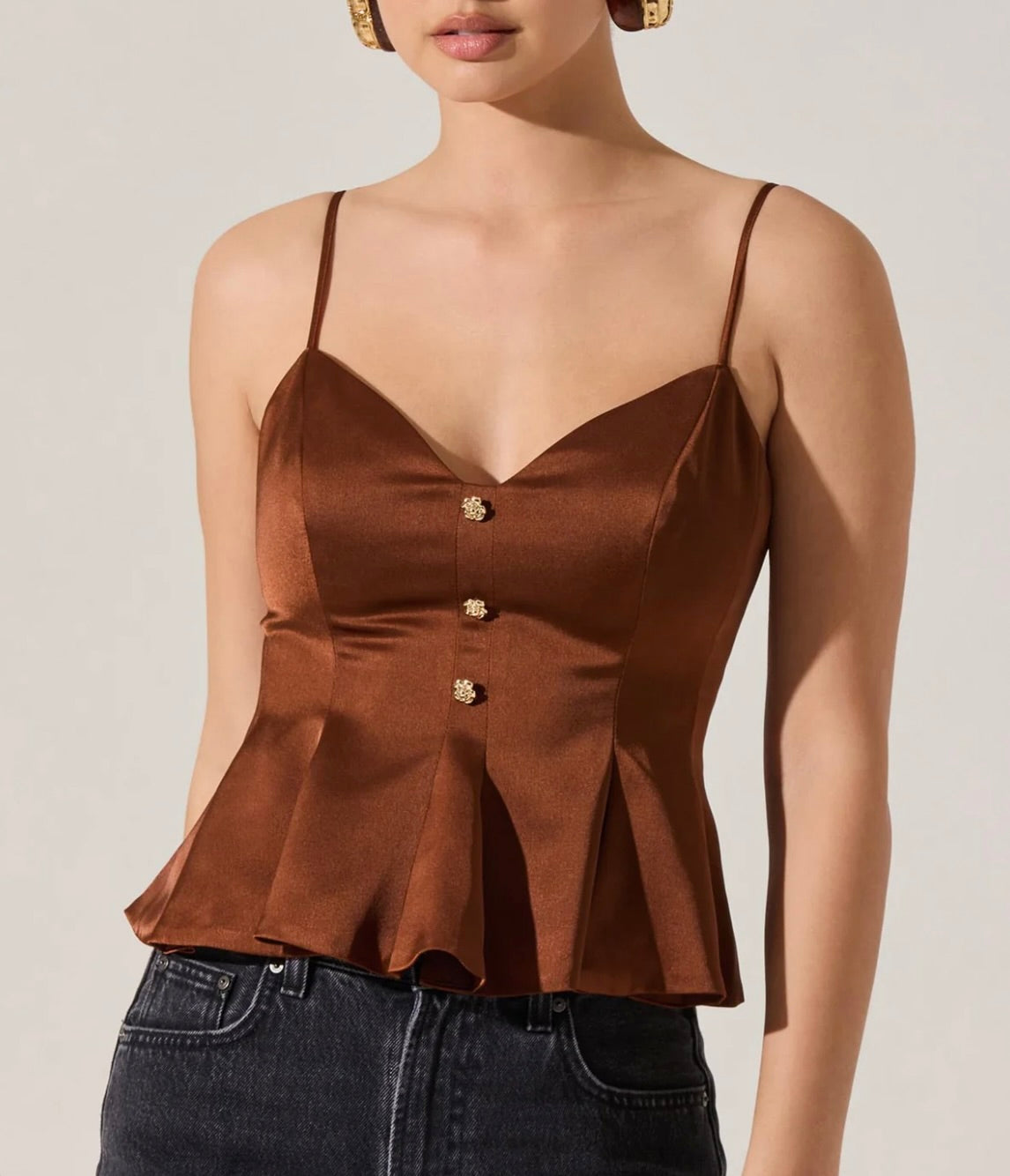 Paislee Satin Pleated Peplum Top in Brown by Sierra Deene