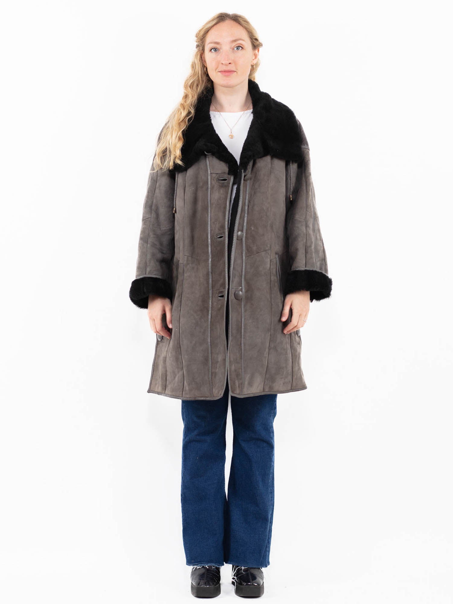 Vintage 80's Women Sheepskin Coat in Gray by Northern Grip