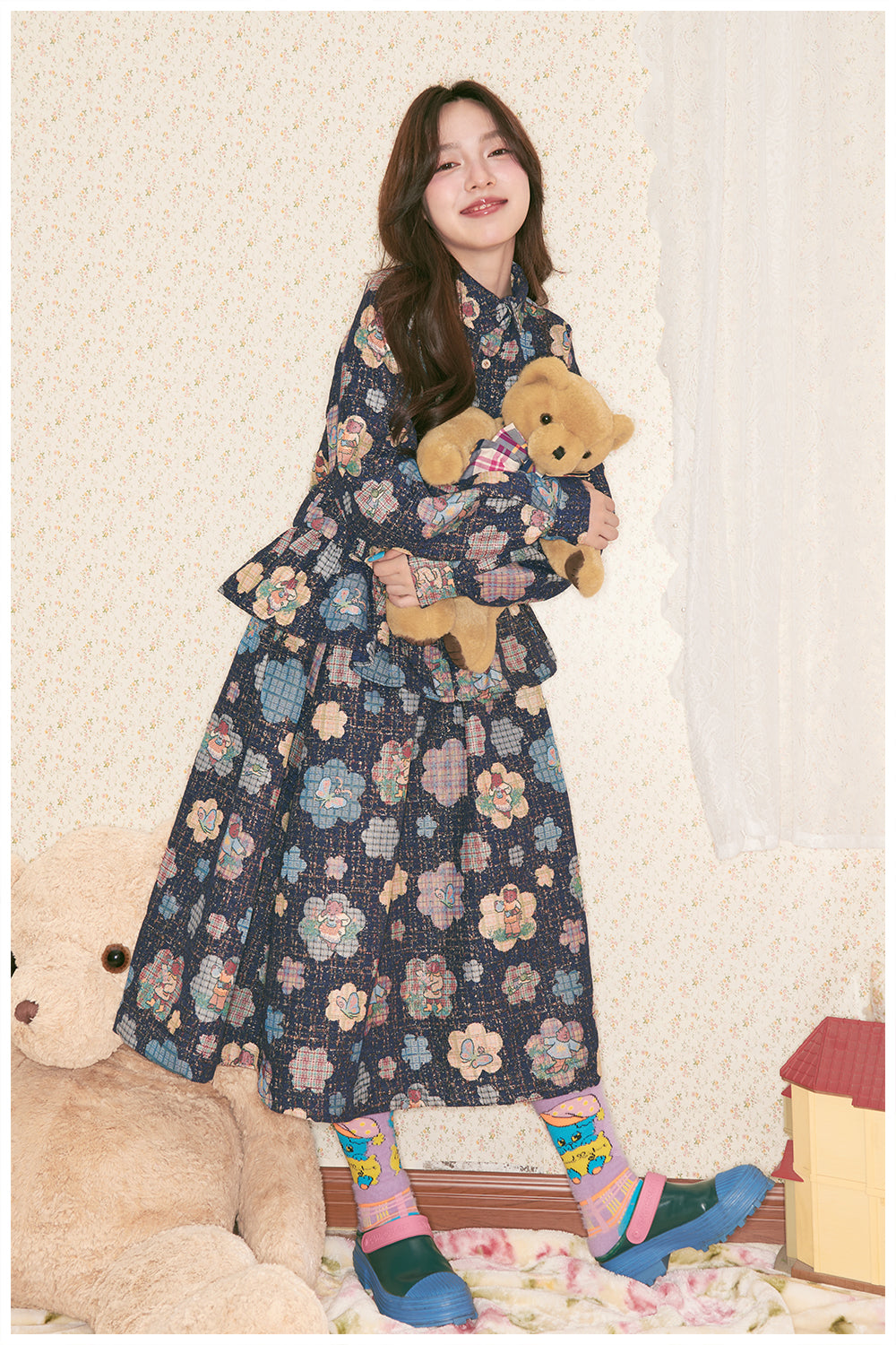 Woven Flower Teddy Illustration Tweed Shirt Jacket Pants Skirt Set - tntntutu by Land Decora