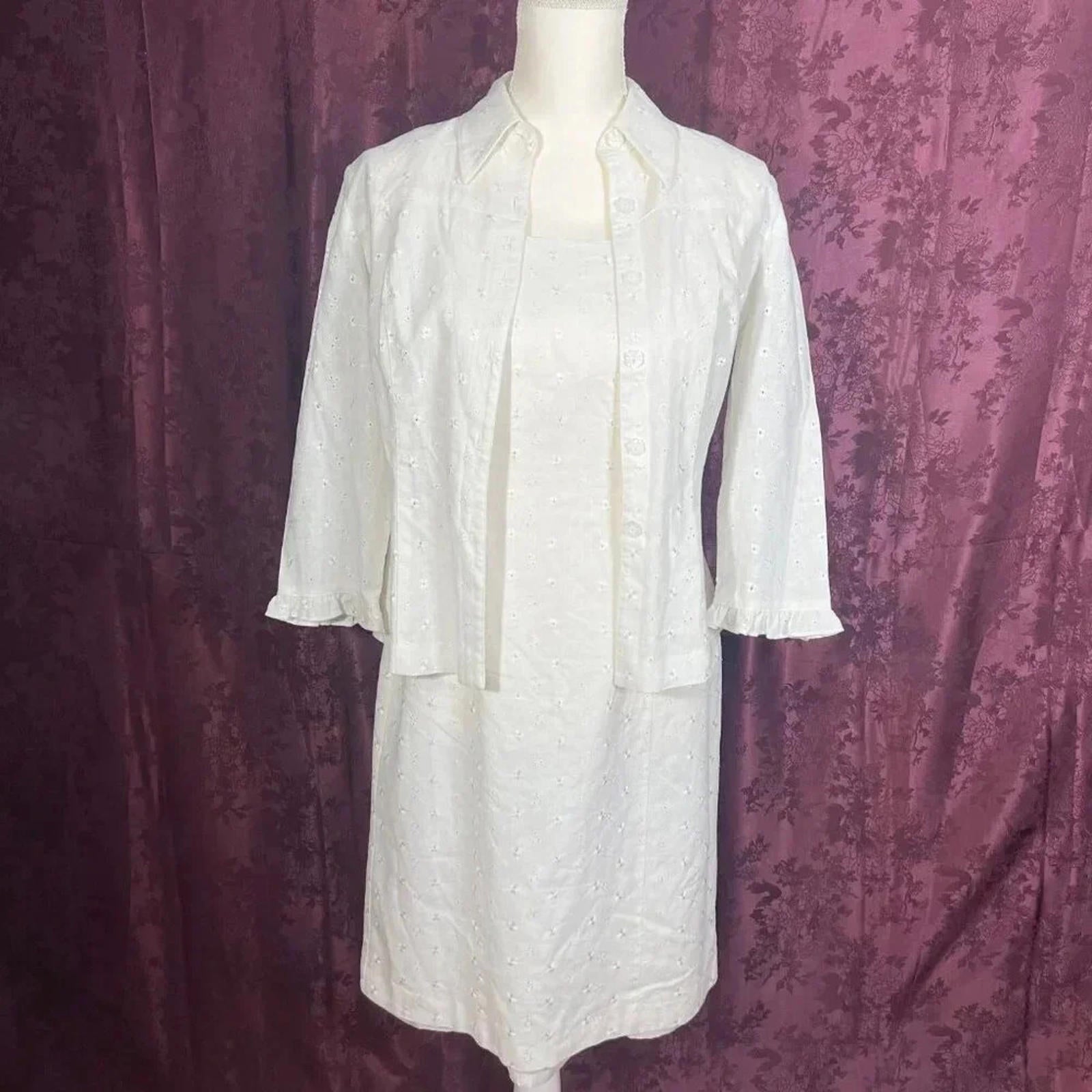 Dress Barn White Linen Dress Eyelet Floral Embroidery With Cardigan Si by Hot Girl Secondhand
