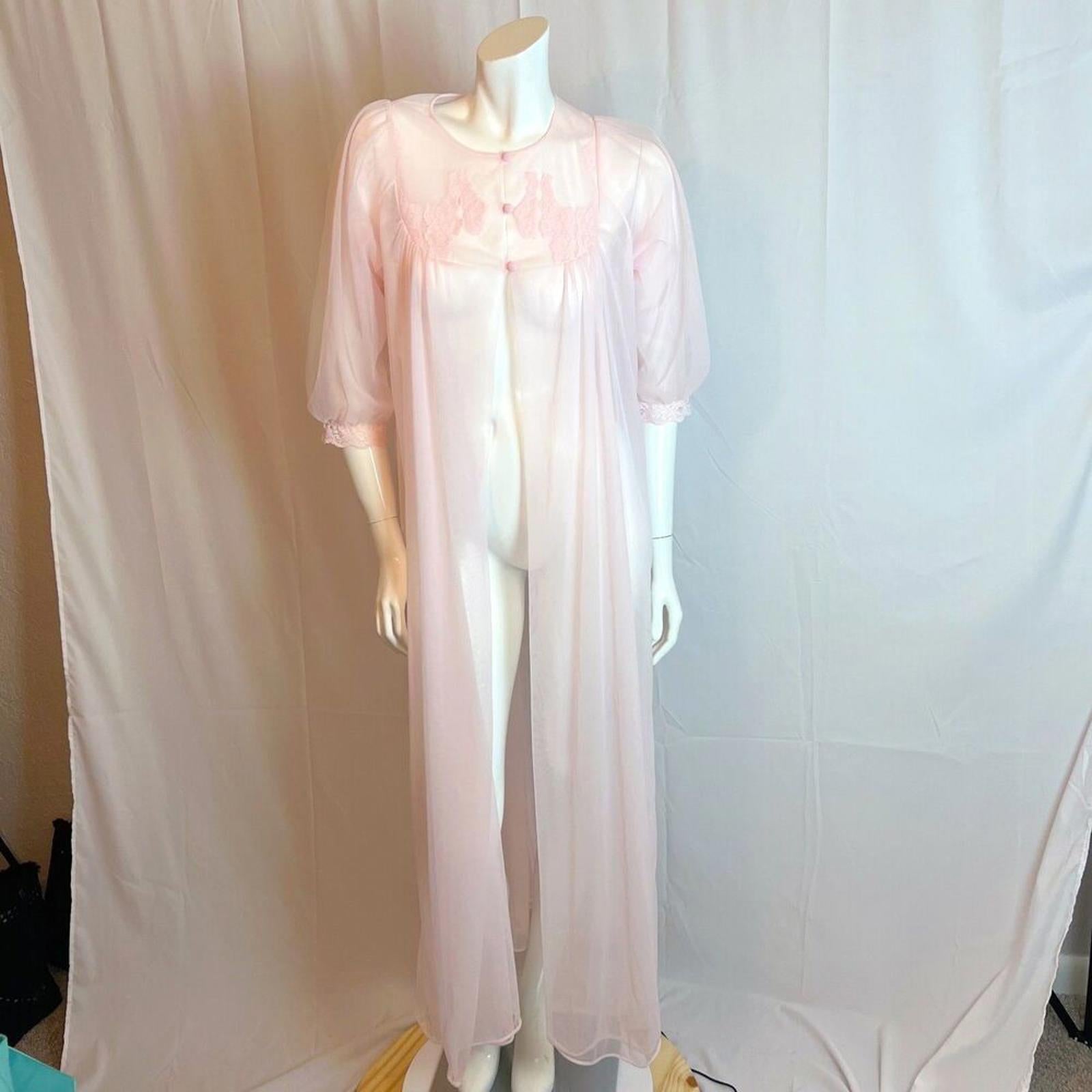 Vintage 1970s Sheer Pink Chiffon Night Gown Lace Details Coquette Size by Hot Girl Secondhand