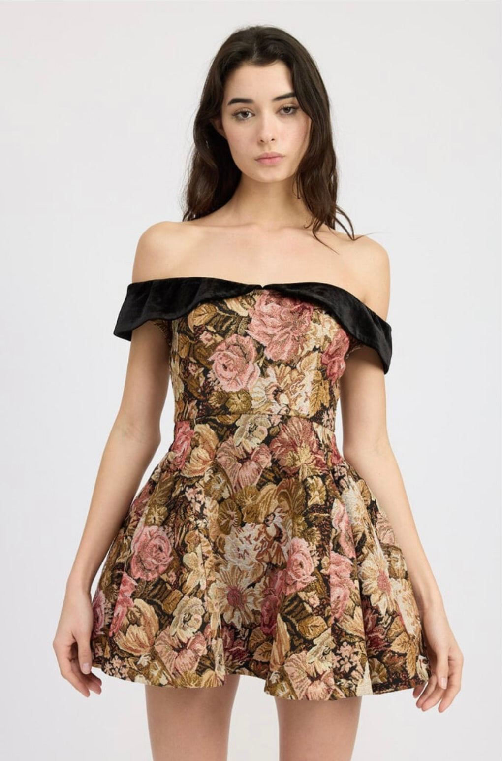Carey Jacquard Off the Shoulder Fit & Flare Mini Dress by Sierra Deene