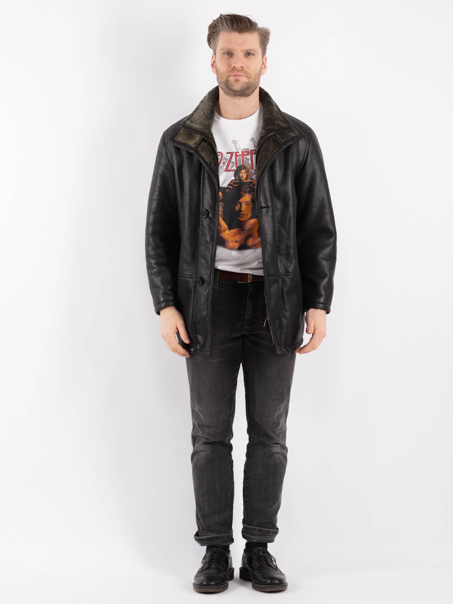 Vintage 00's Men Faux Sheepskin Coat in Black by Northern Grip