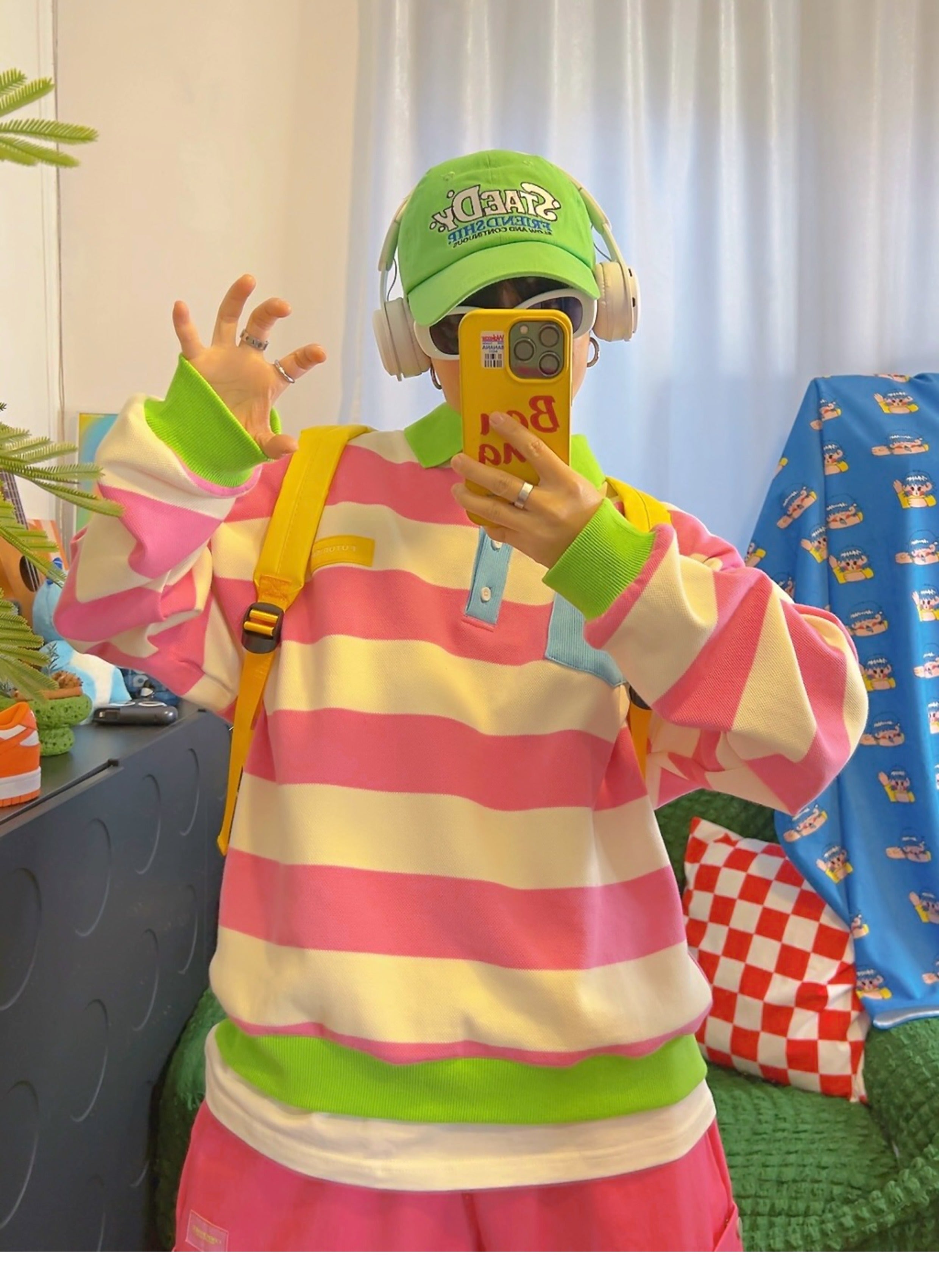 Decora Kei Pink Striped Polo Sweatshirt - KURIOSITAET by Land Decora