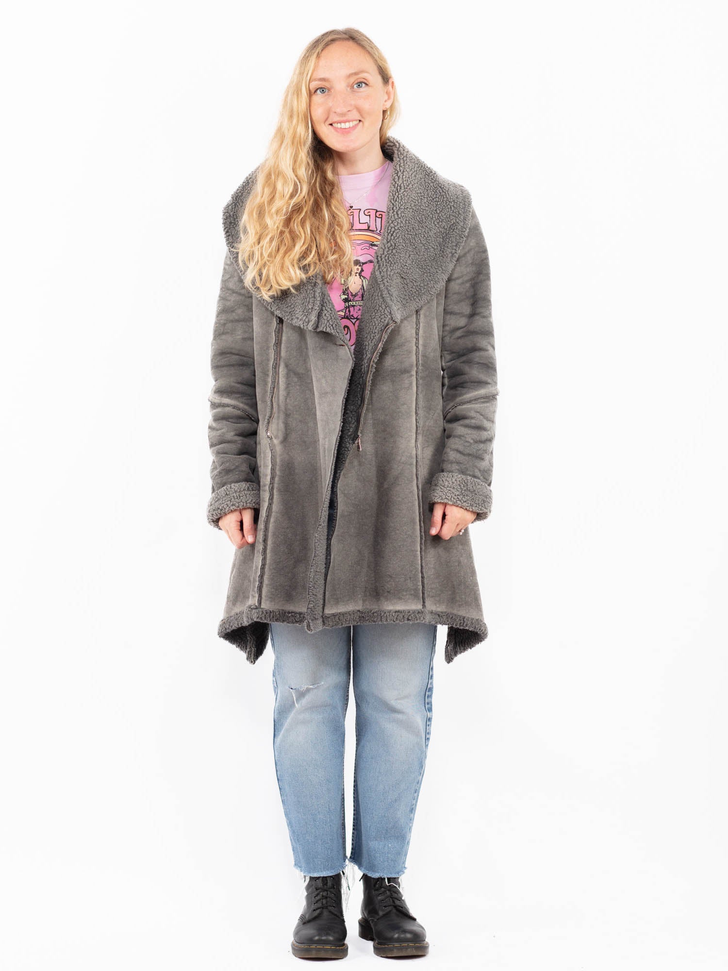 Vintage 90's Women Faux Sheepskin Coat in Gray by Northern Grip