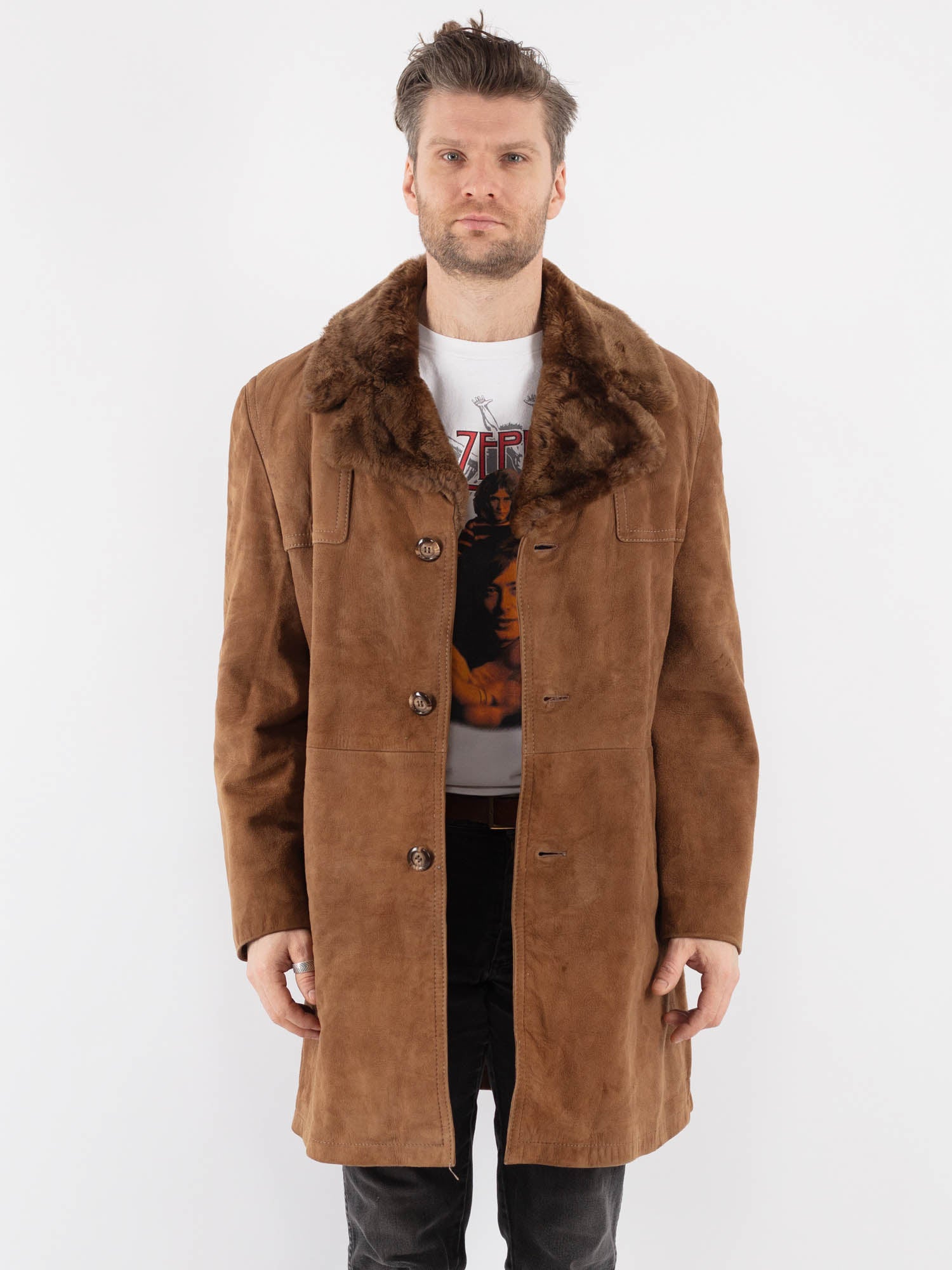 Vintage 70's Men Suede Sherpa Coat in Brown by Northern Grip