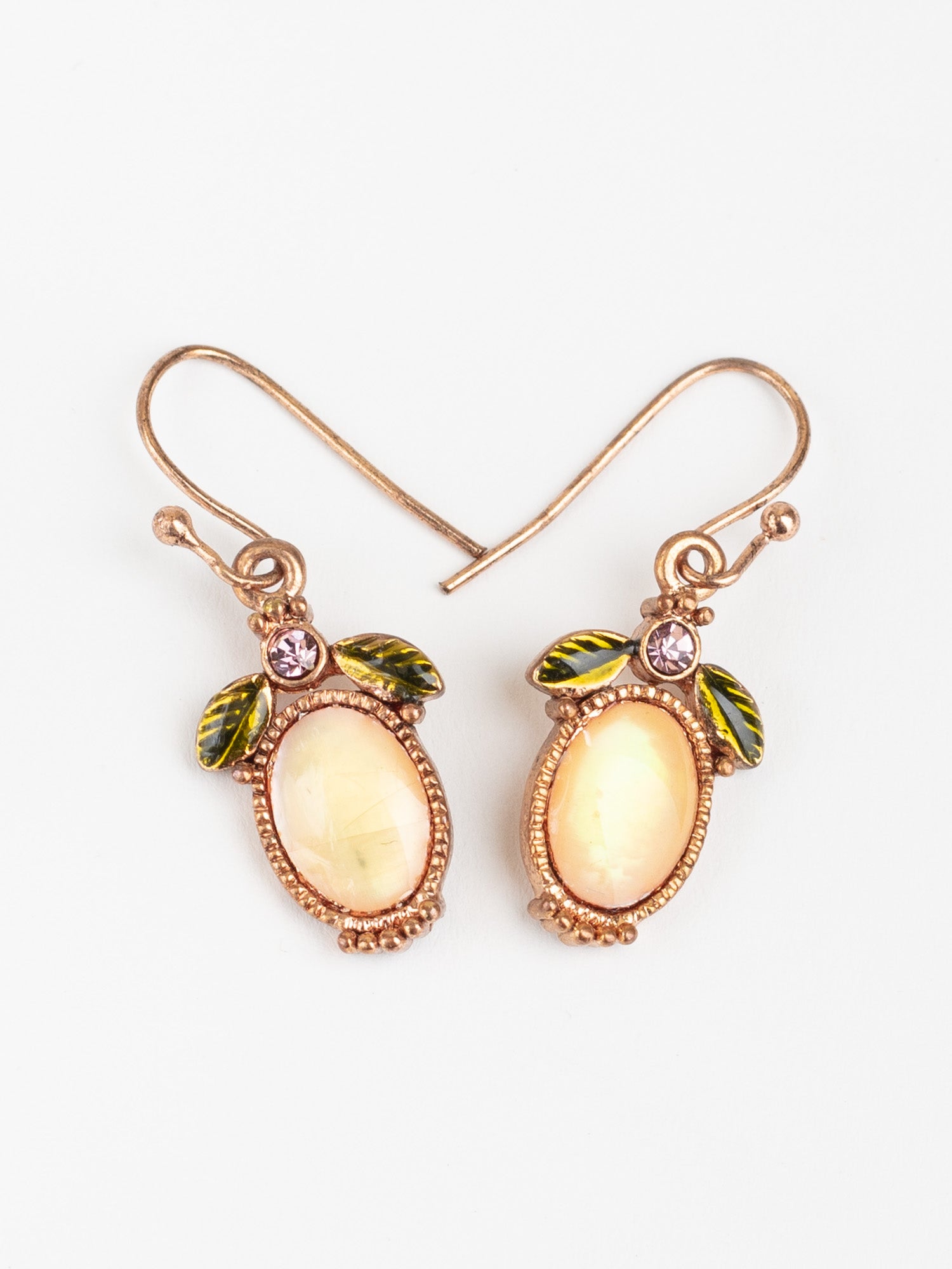 Vintage Fruit-Inspired Dangle Earrings with Yellow Glass Stone and Green Enamel Leaves by Northern Grip