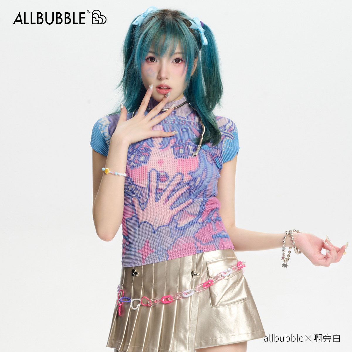 Y2K Pixel Print Pleated Tee - Allbubble by Land Decora