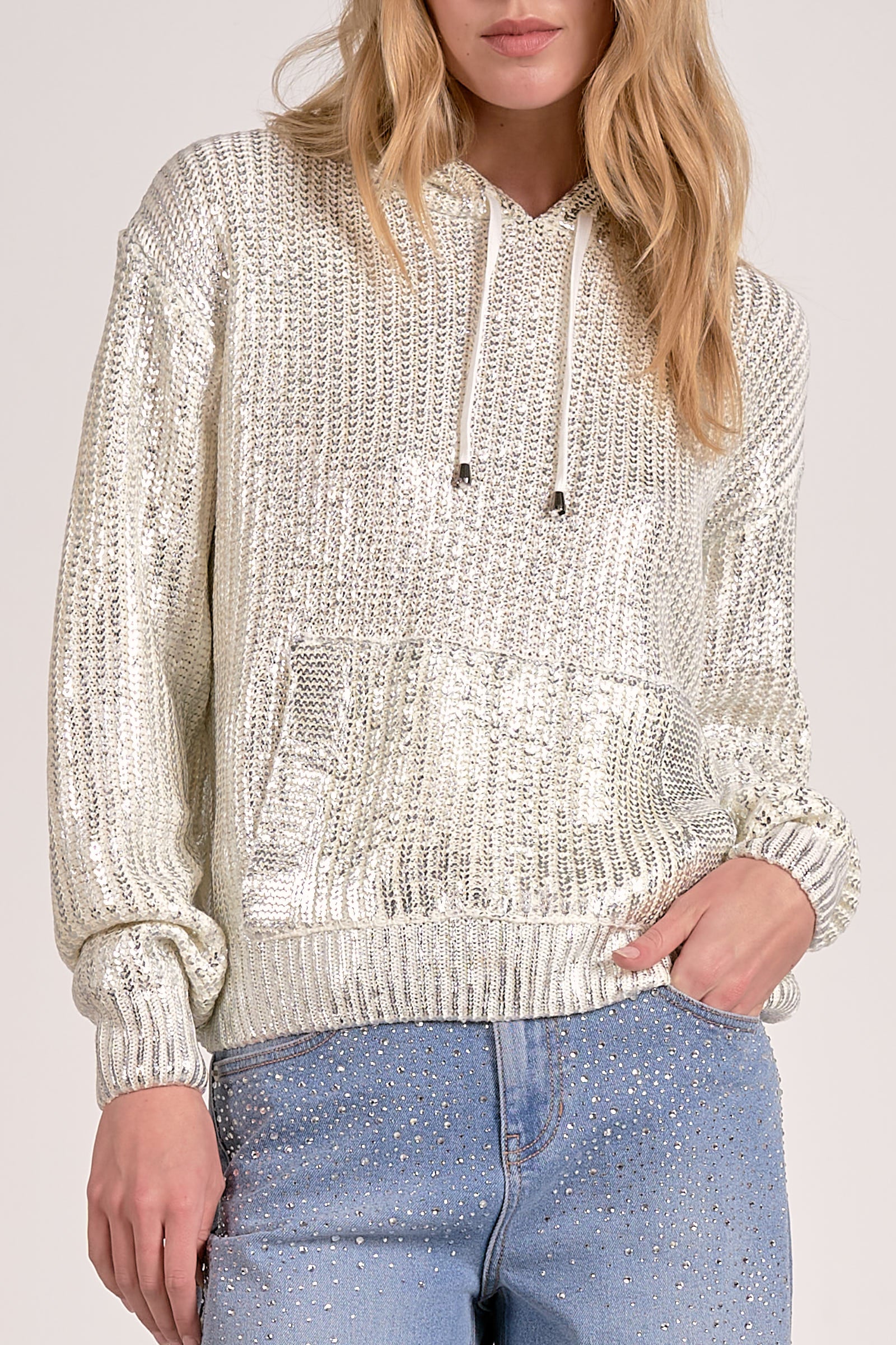 Elan Metallic Threaded Hoodie in White by Sierra Deene