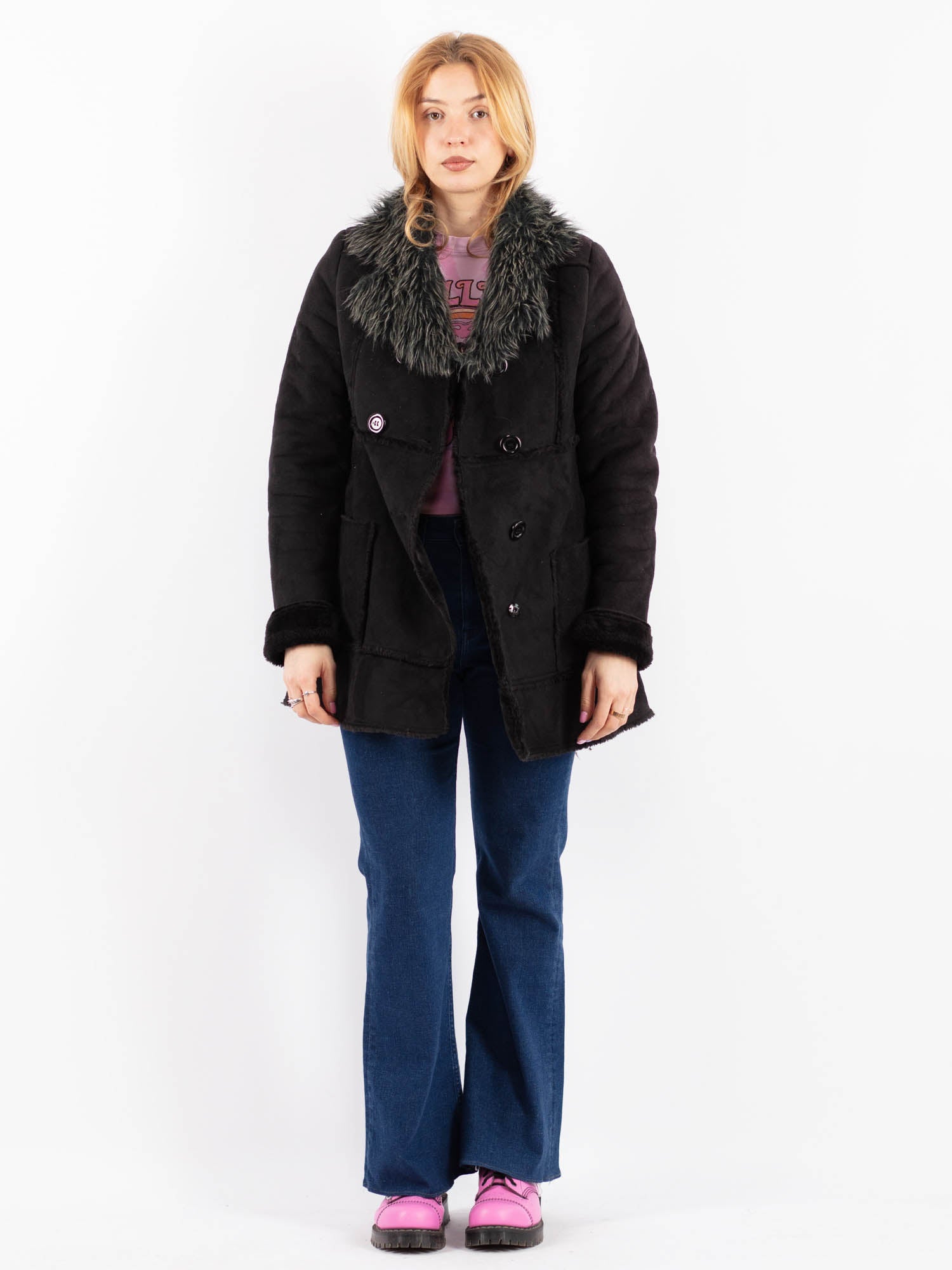 Vintage 90's Women Faux Sheepskin Coat in Black by Northern Grip