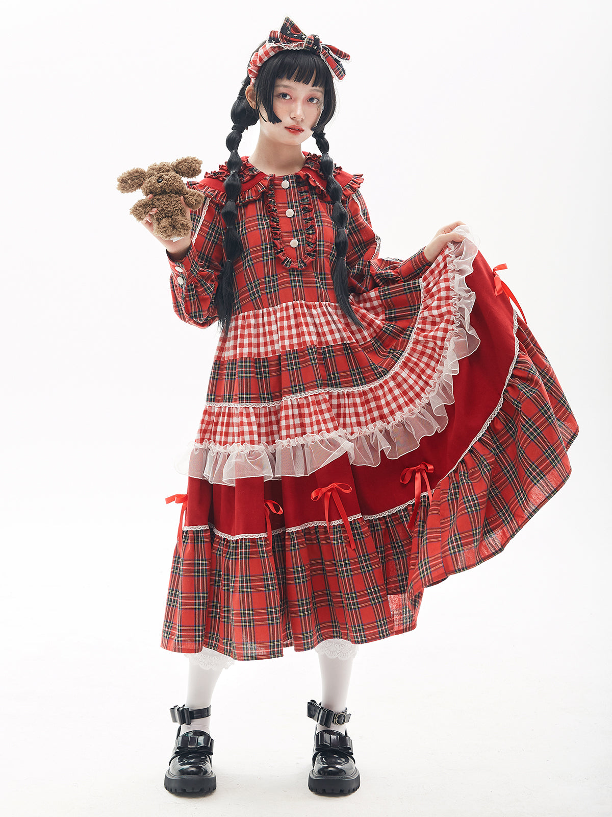Showa Retro Christmas Red Dress Doll Collar Patchwork Kawaii - SOS MEME CLUB by Land Decora