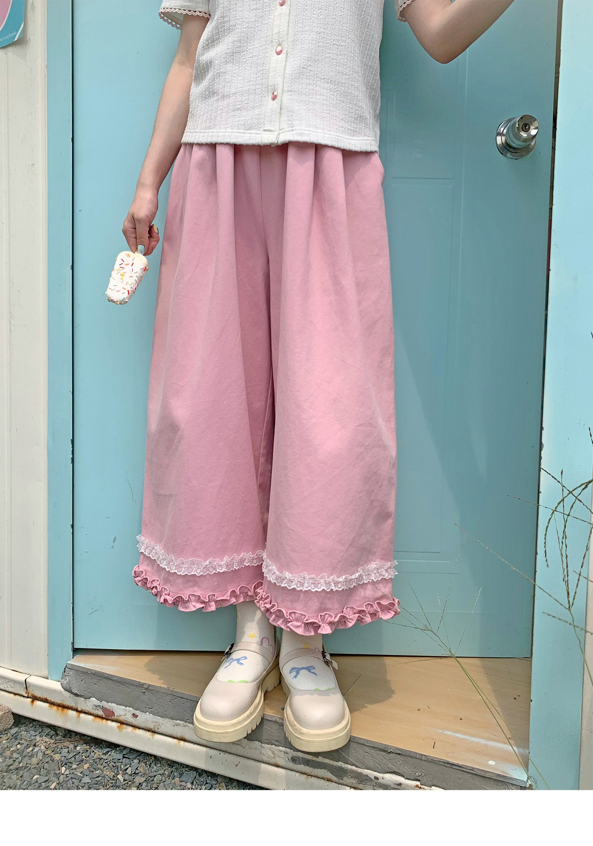 Pink Wide Leg Pants | Kawaii Harajuku Casual Cotton Pants by Land Decora