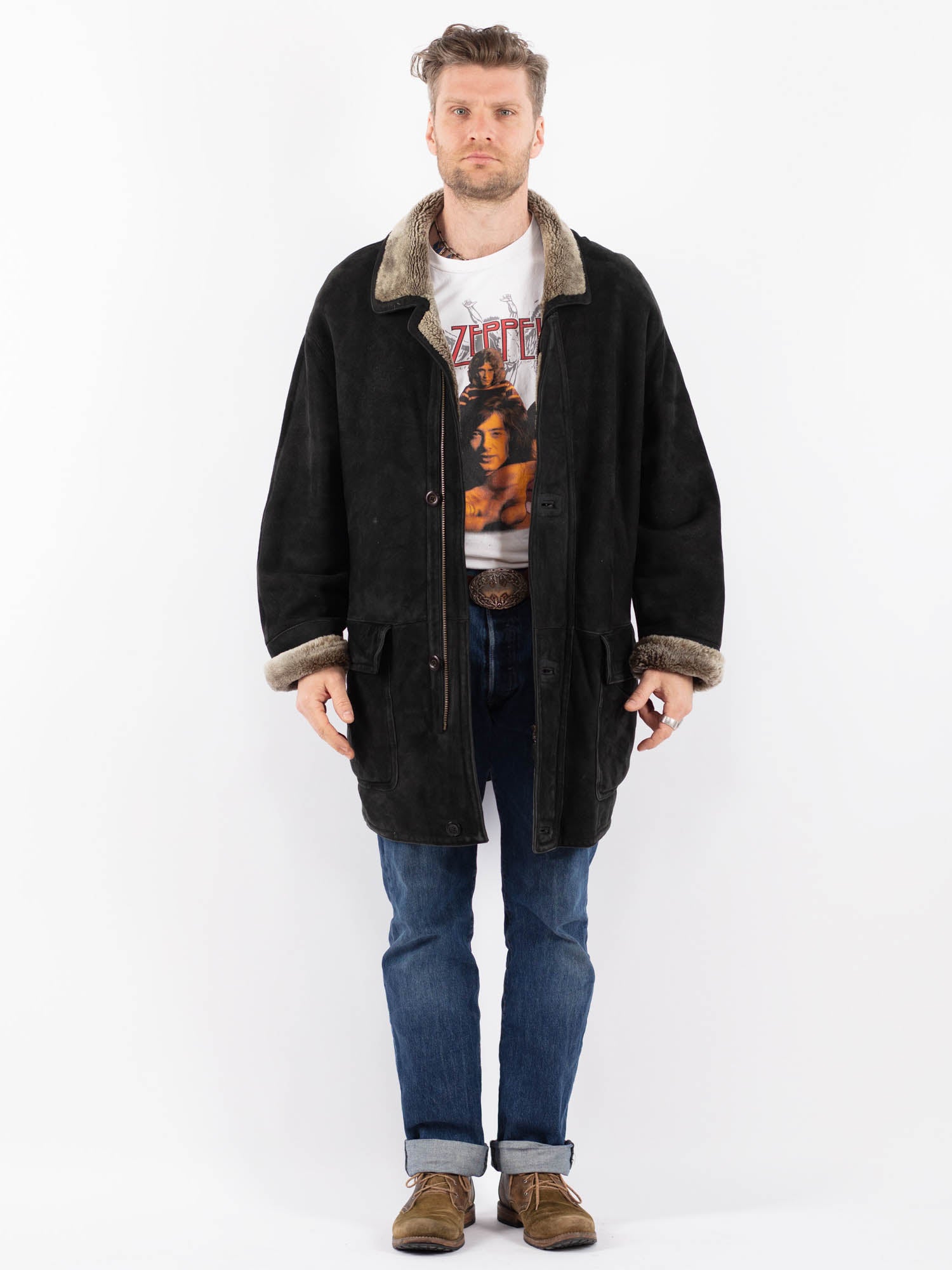 Vintage 90's Men Oversized Sheepskin Coat in Black by Northern Grip