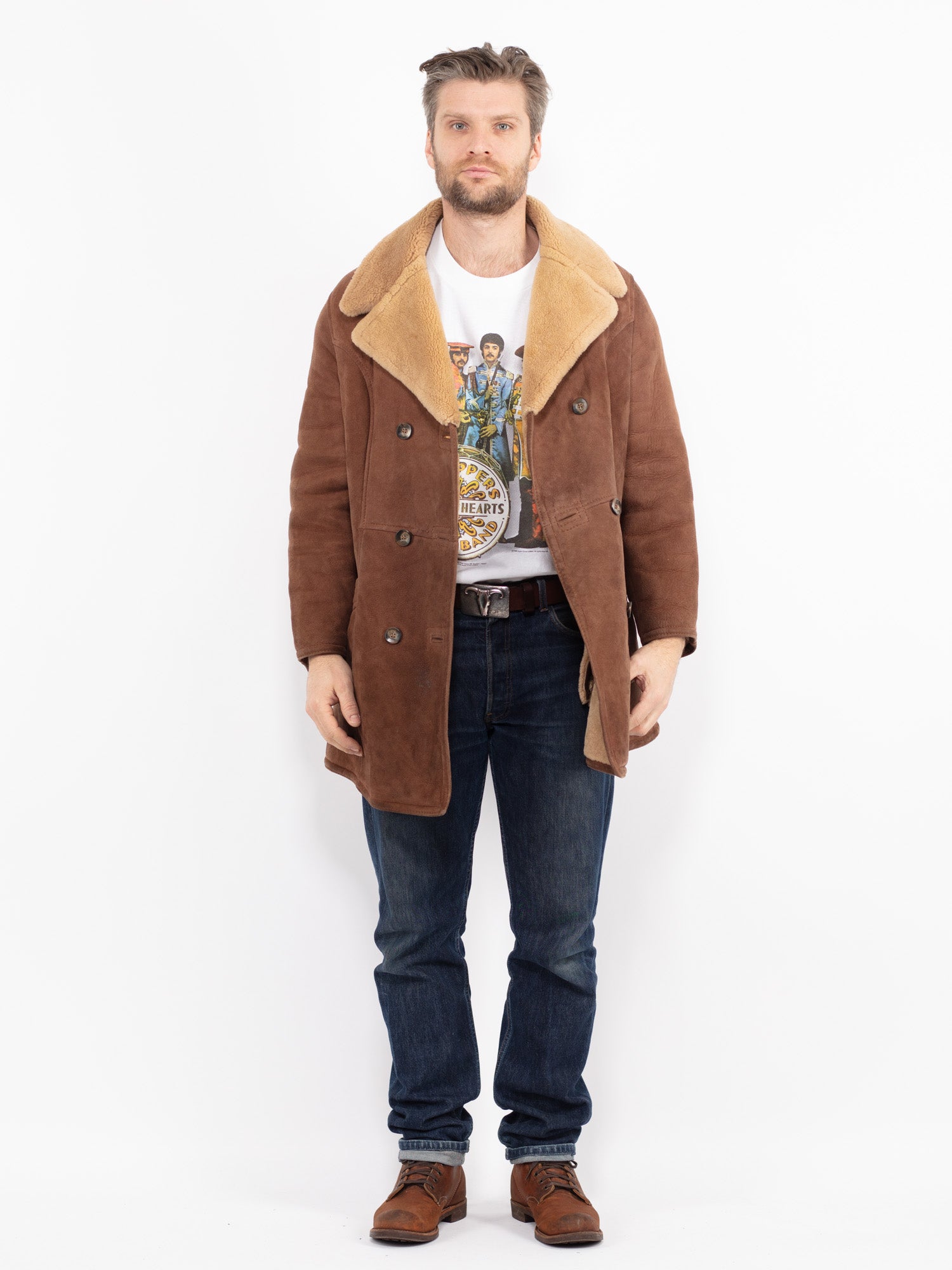 Vintage 70's Men Sheepskin Coat in Brown by Northern Grip