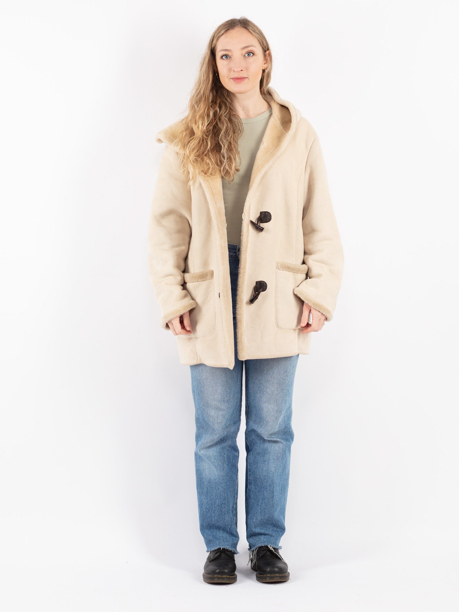 Vintage 90's Women Hooded Sherpa Coat in Beige by Northern Grip