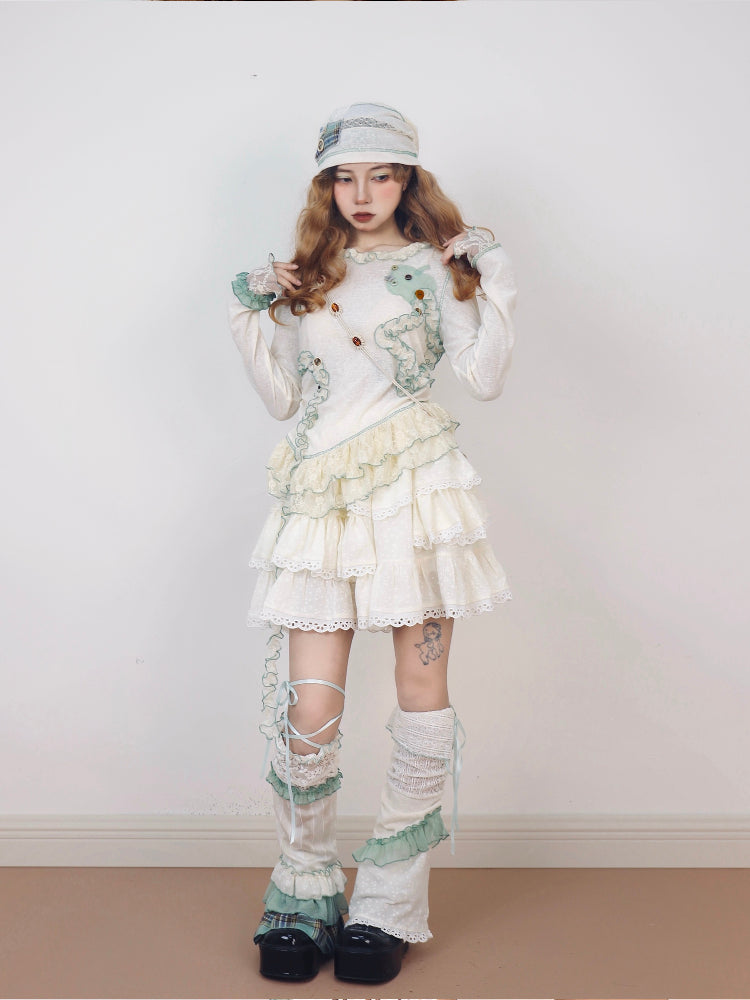 Y2K Irregular Trim Contrast Long Sleeve Knit Shirt Cotton - Disorder by Land Decora