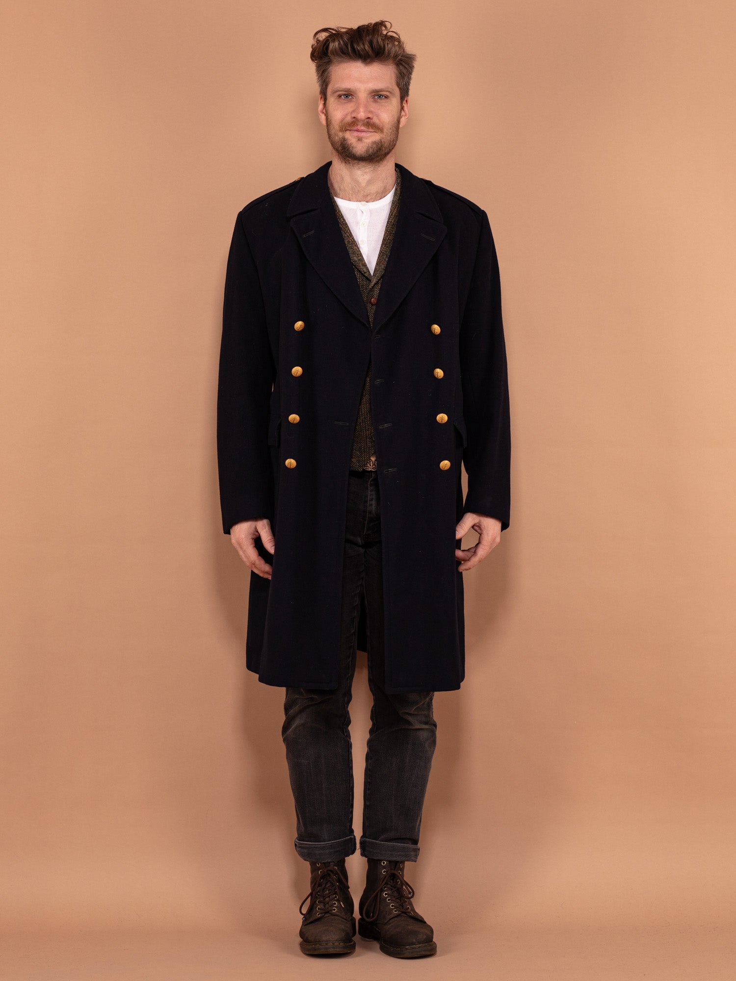 Vintage 70's Men Military Wool Coat in Navy Blue by Northern Grip