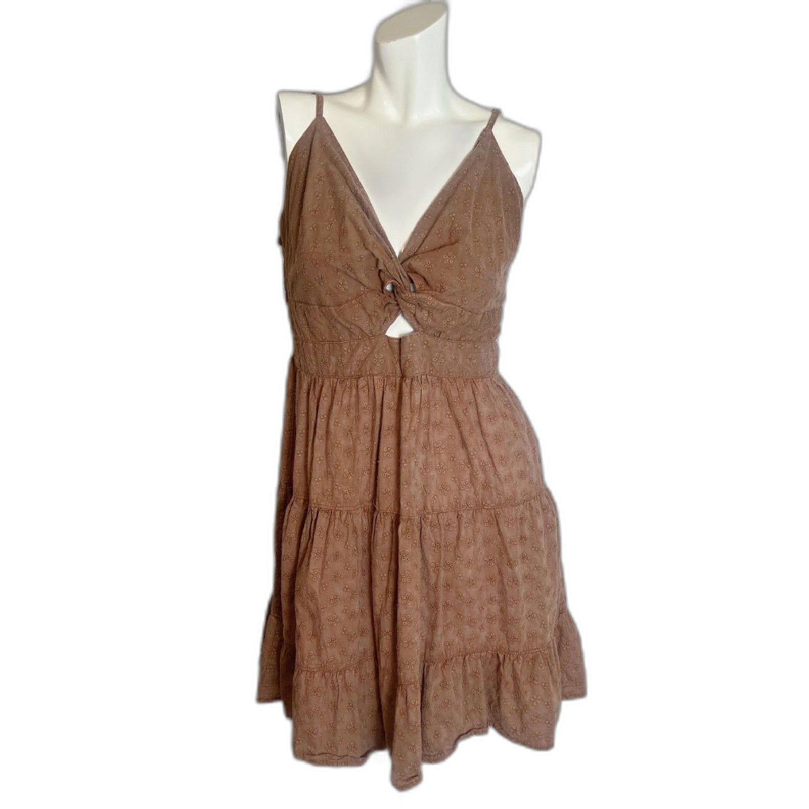 Angie Light Brown Twist Knot Eyelet Dress Boho Chic Coachella Women's by Hot Girl Secondhand