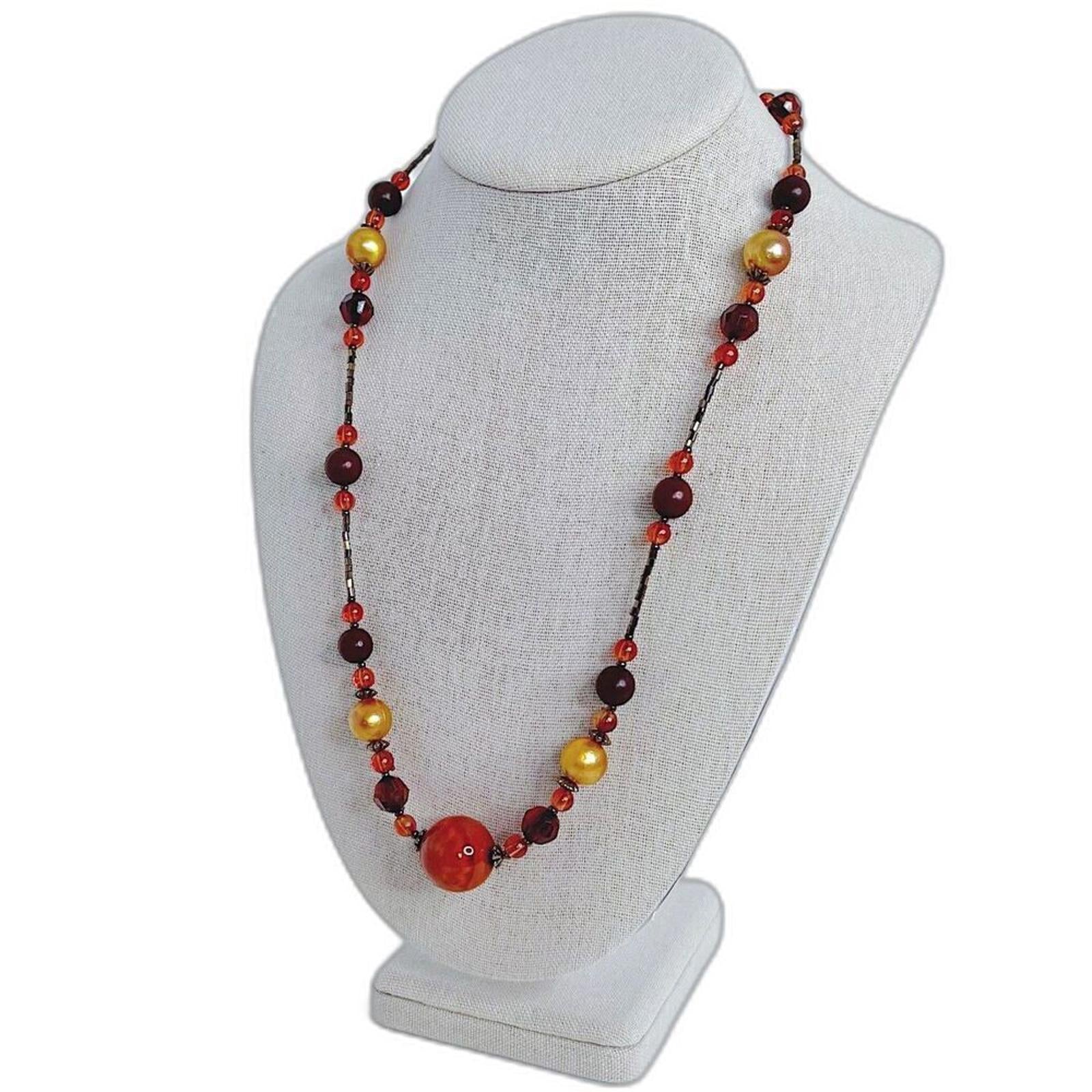 Vintage Flapper Necklace Orange Gold Red Beaded Statement Necklace by Hot Girl Secondhand