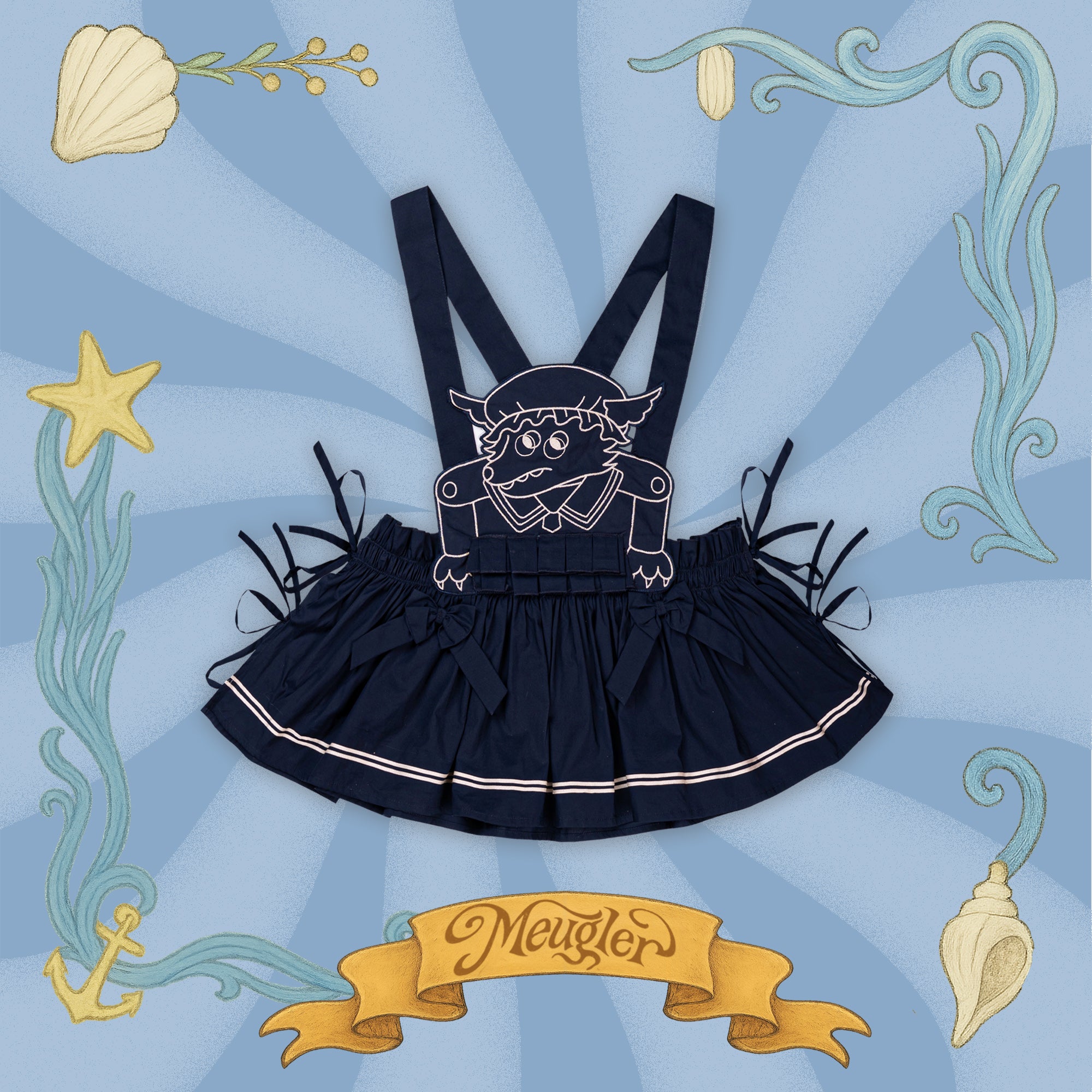 Kawaii Apron Dress Navy Sailor Wolf Embroidery Ribbon - Meugler by Land Decora