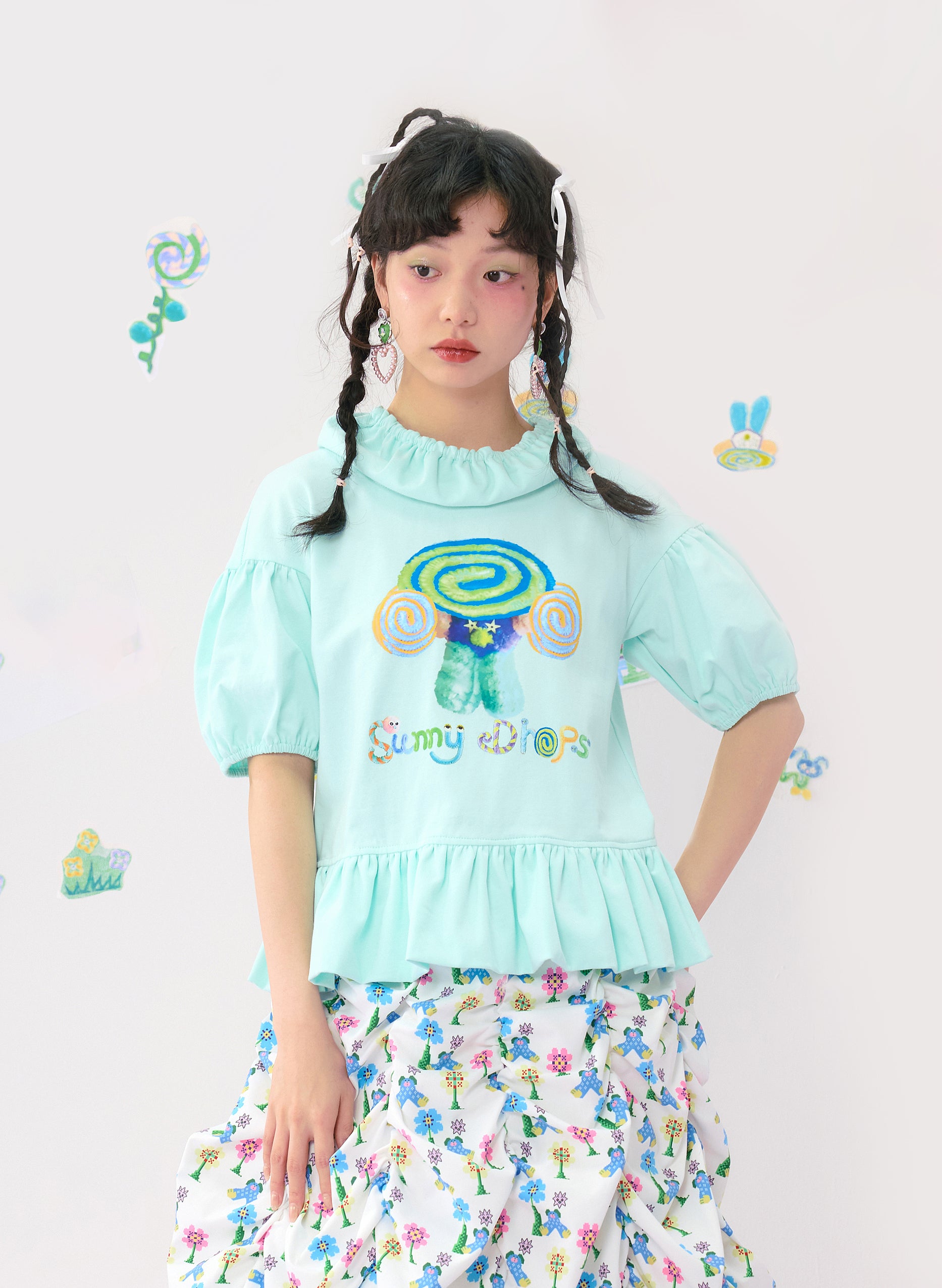 Harajuku T-shirt Green Puff Sleeve Colorful Summer T-shirt – HELPHELP by Land Decora