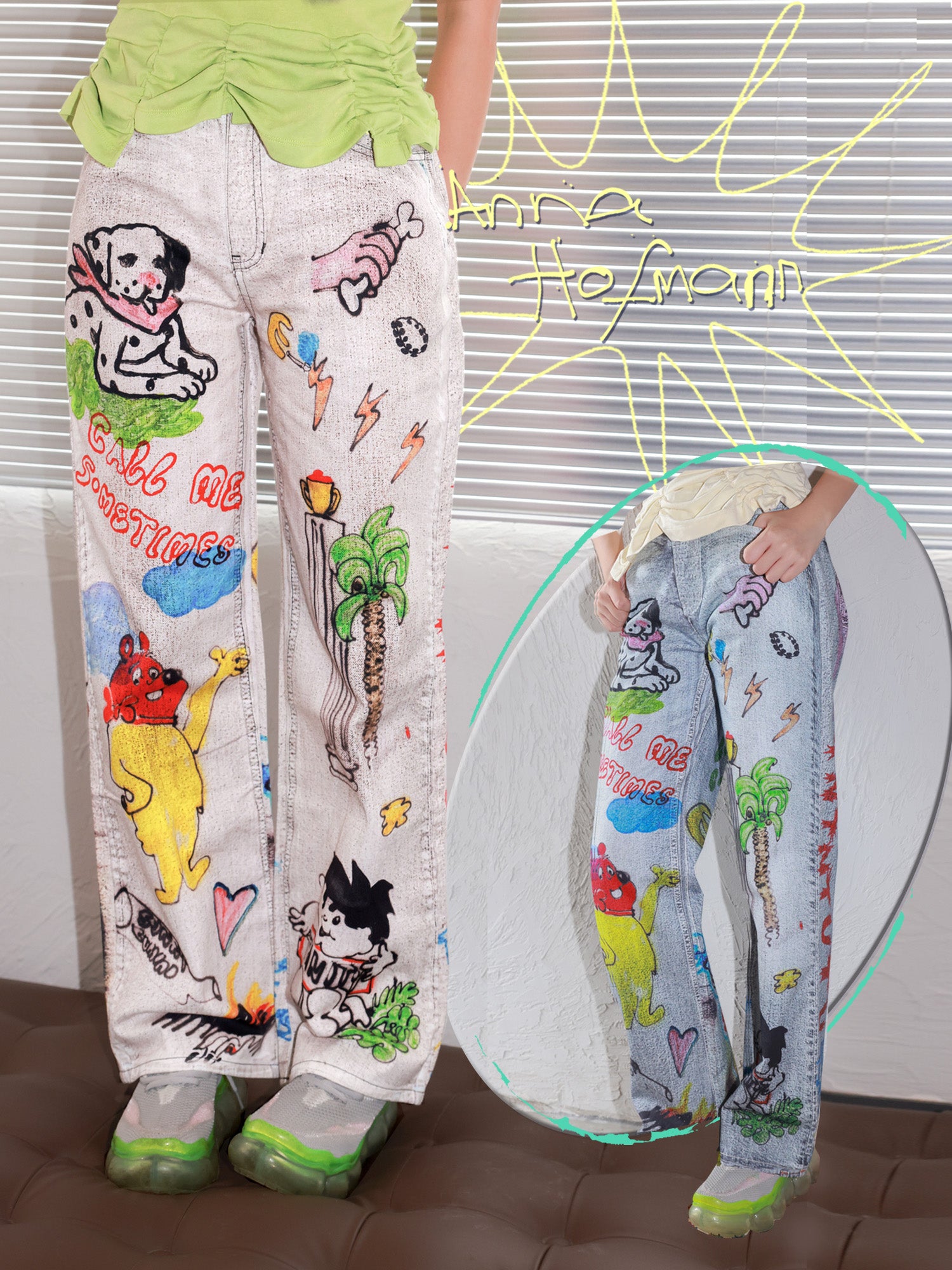 Decora Kei Graffiti Denim Wide Leg Pants - Tntntutu by Land Decora