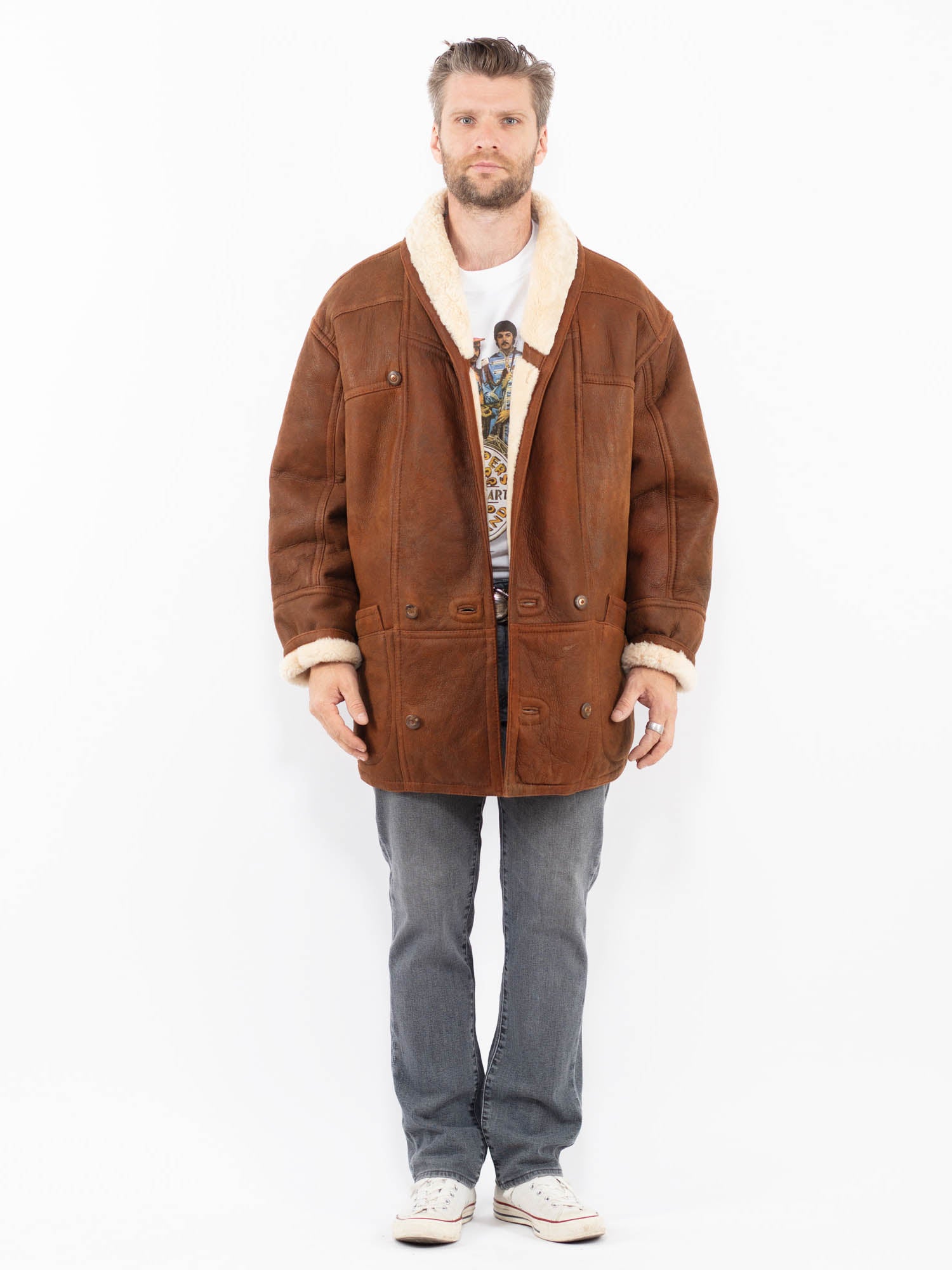 Vintage 80's Men Sheepskin Coat in Brown by Northern Grip