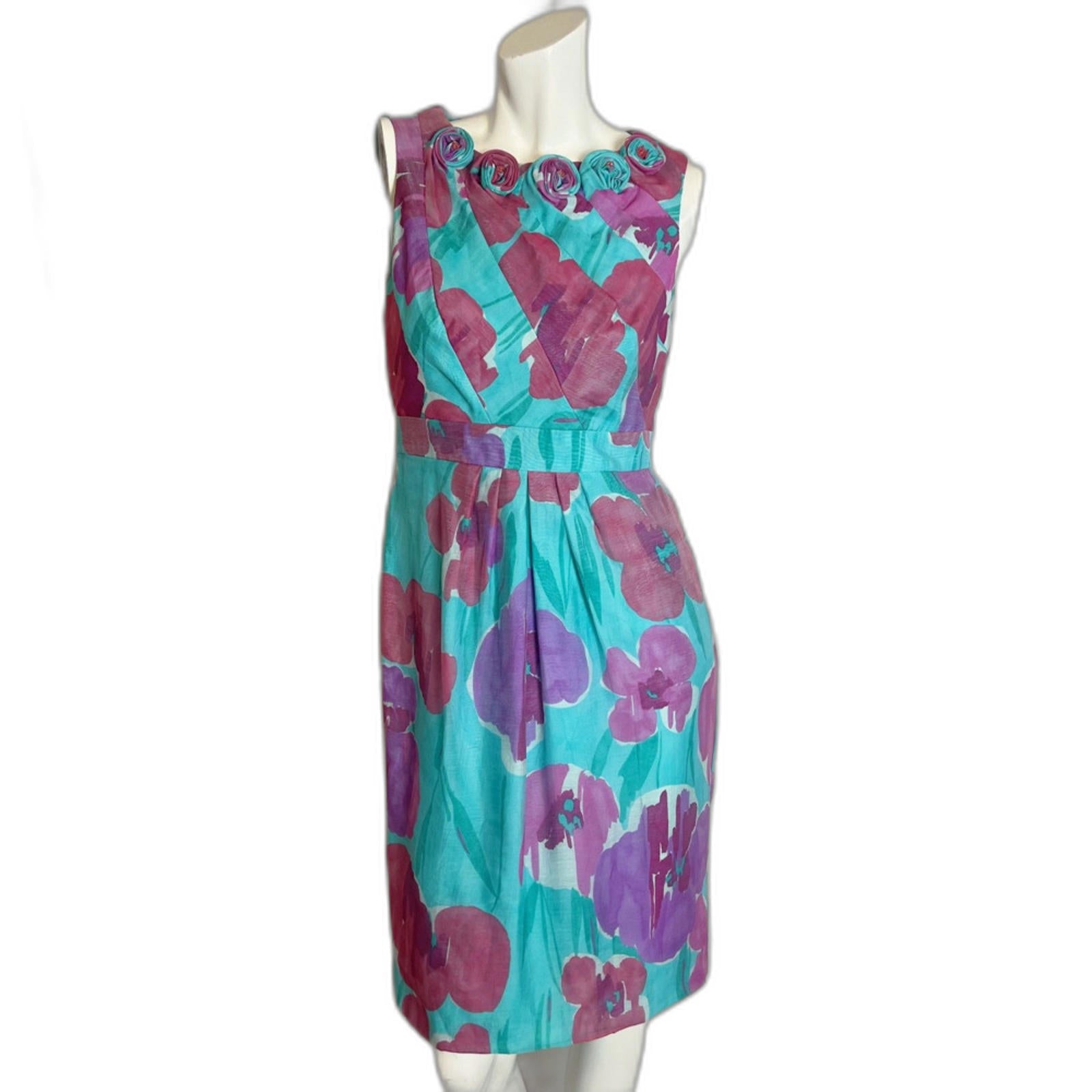 Adrianna Papell Floral Cocktail Sheath Dress Teal Purple Pink Rosette by Hot Girl Secondhand