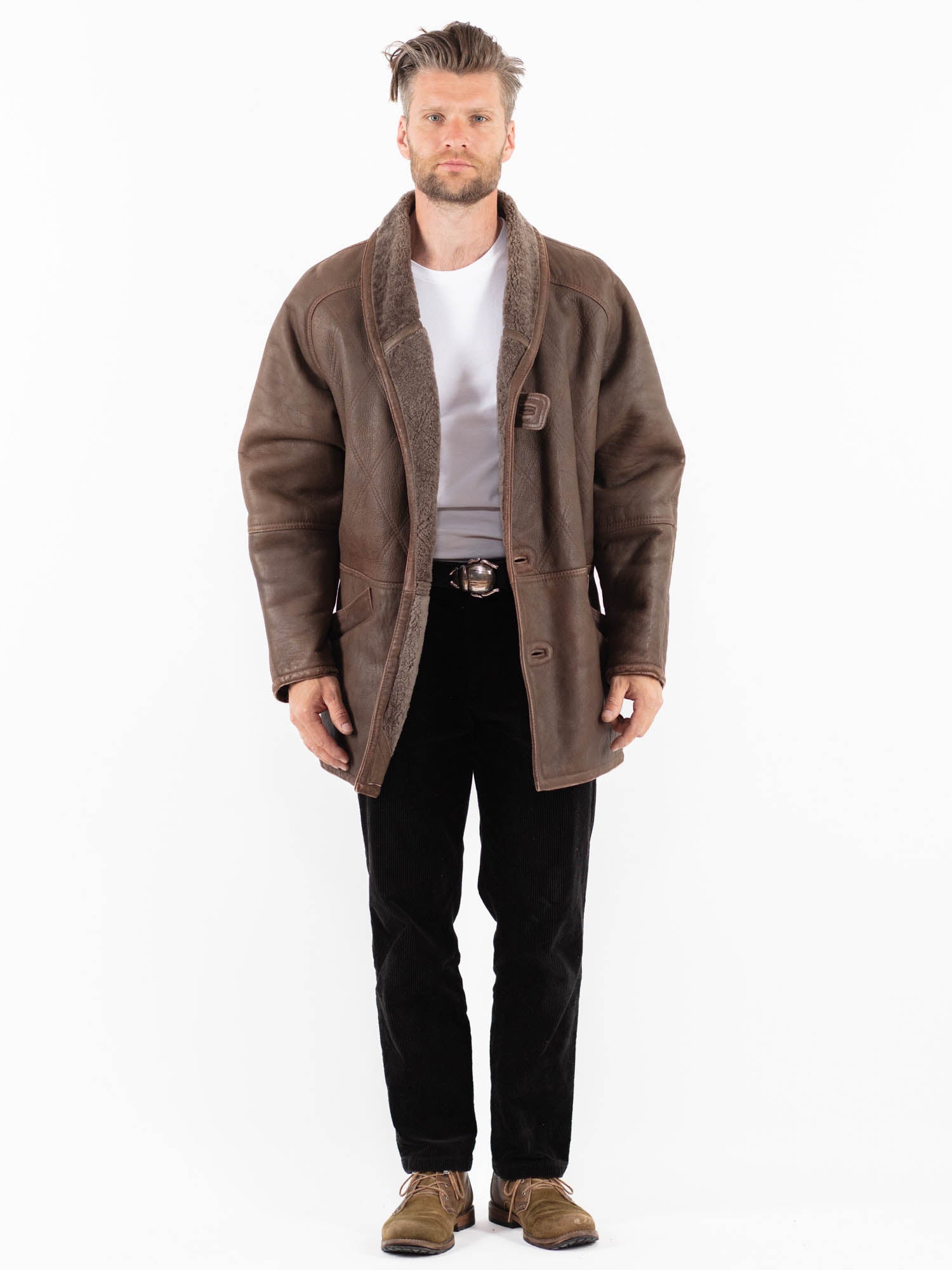 Vintage 80's Men Sheepskin Coat in Brown by Northern Grip
