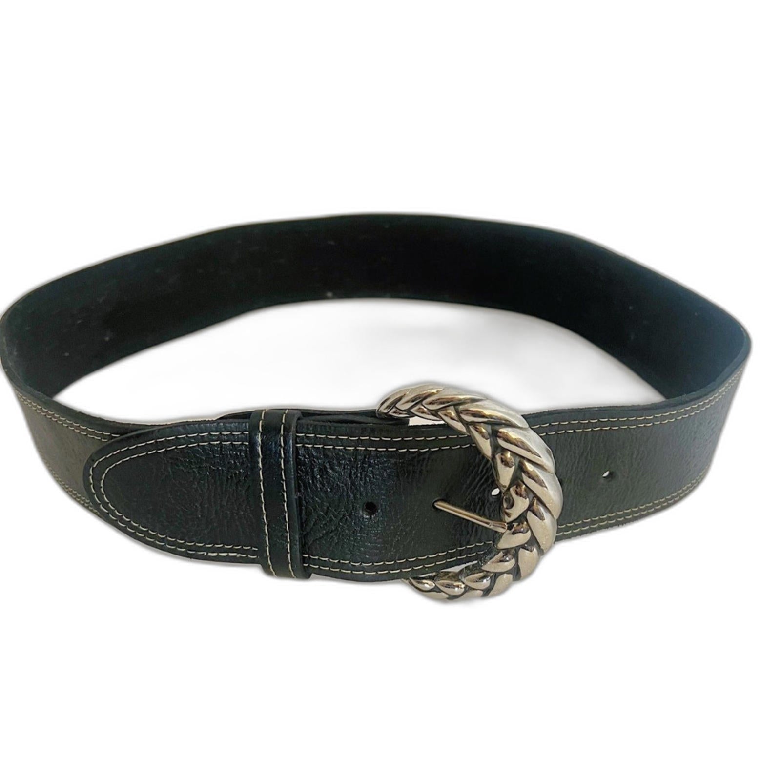 Chico's Black Leather Chunky Belt Silver Braided Buckle y2k Women's Si by Hot Girl Secondhand