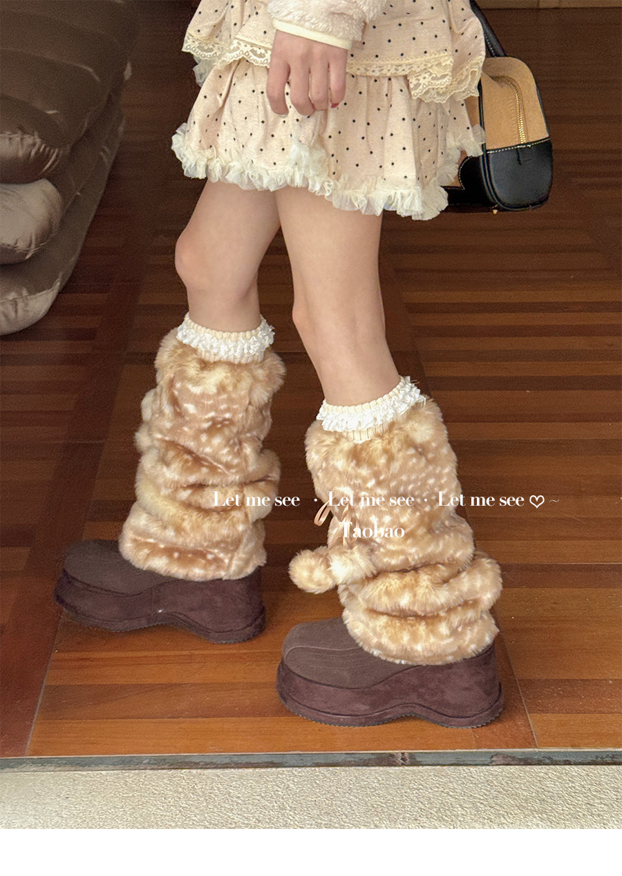 Kawaii Pink Fuzzy Deer Leg Warmers - Winter Thick Socks - LET ME SEE by Land Decora