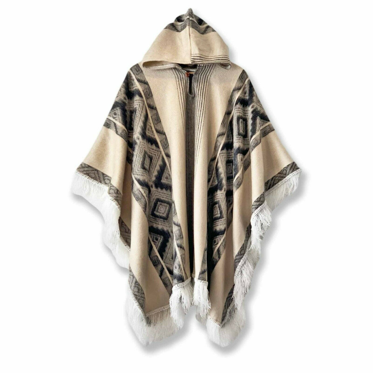 Lightweight Baby Alpaca Wool Fringed Hooded Unisex Poncho Pullover - Beige With Black Diamonds Pattern by ECUALAMA