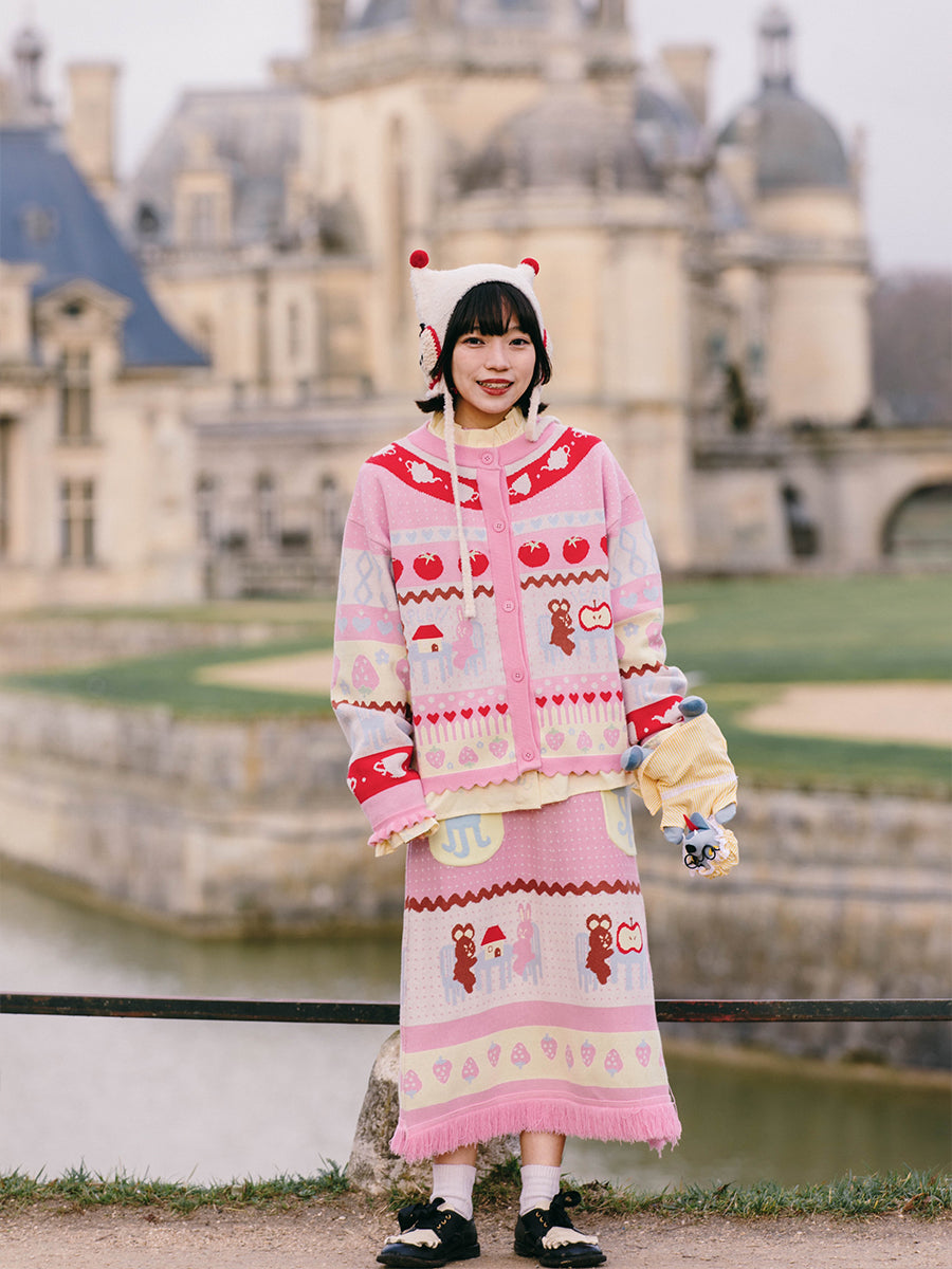 Meugler Bear Rabbit Cute Striped Knit Set – Candy Cardigan & Skirt with Pockets by Land Decora