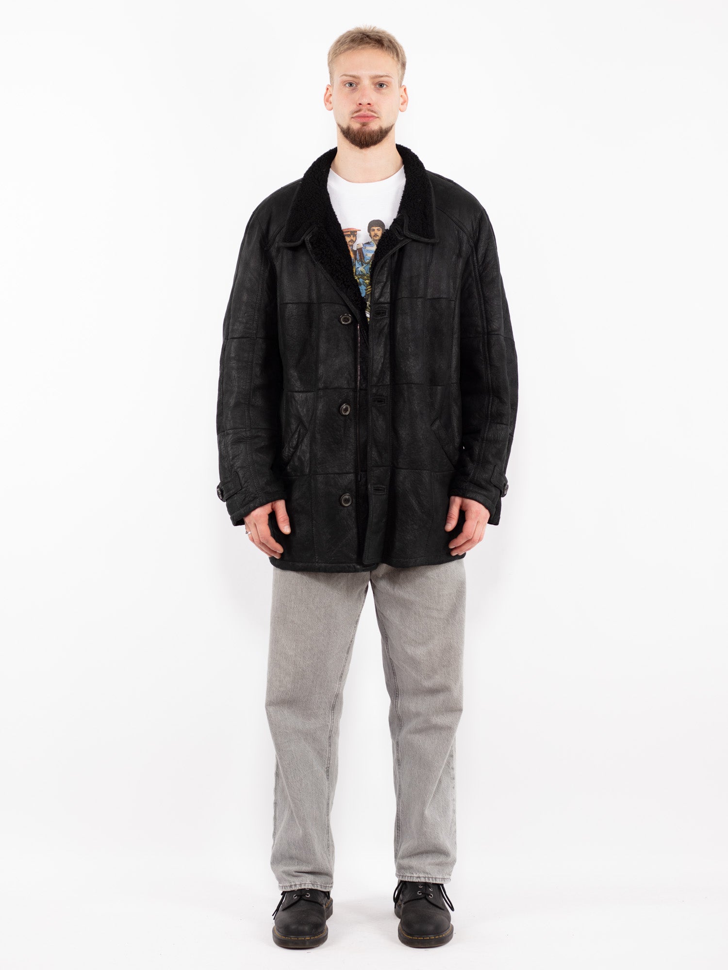 Vintage 00's Men Sheepskin Leather Coat in Black by Northern Grip