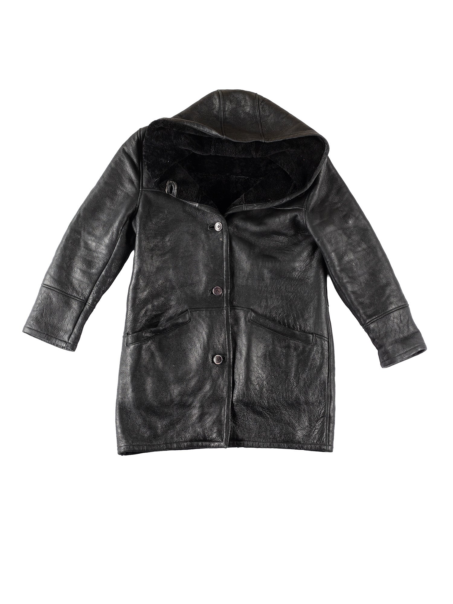 Vintage 80's Women Hooded Sheepskin Coat in Black by Northern Grip