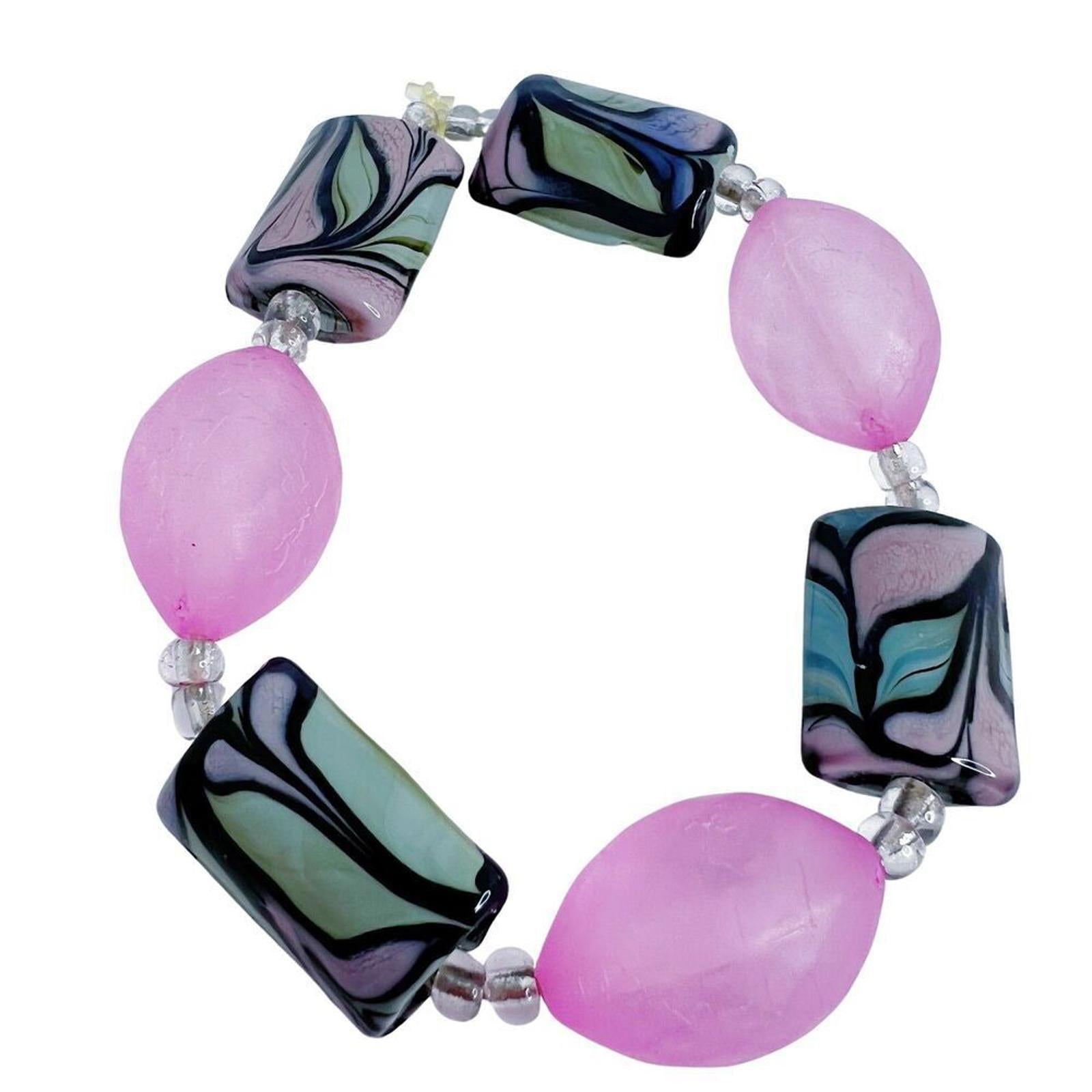 y2k Vintage Pink and Green Beaded Bracelet Murano Swirl Beads by Hot Girl Secondhand