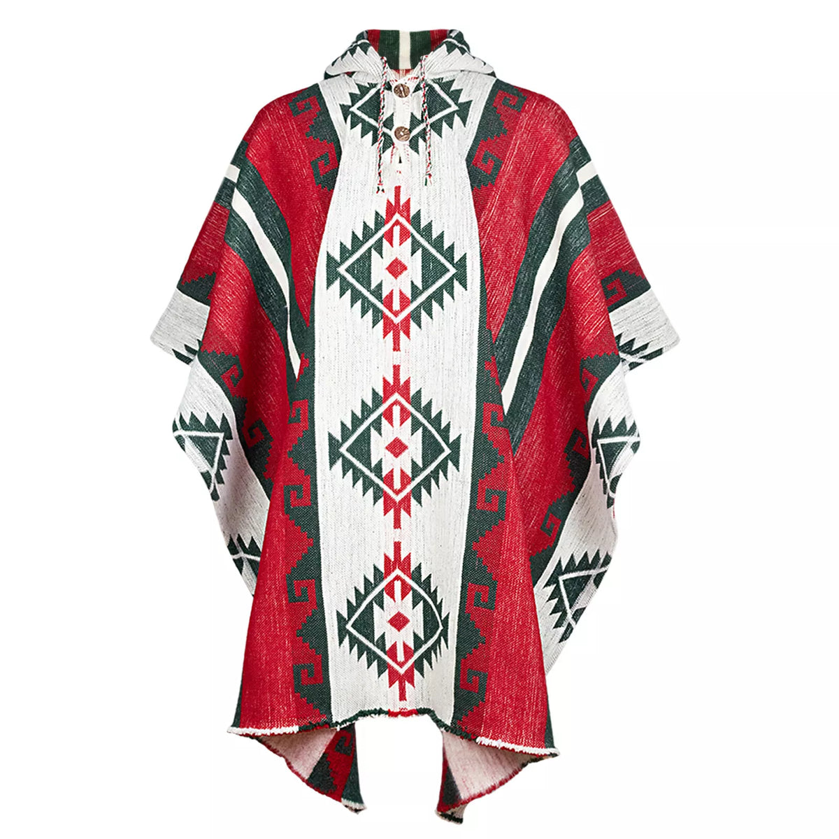 Villano Unisex Hooded Poncho in Red-White-Black | Handwoven Llama Wool by ECUALAMA
