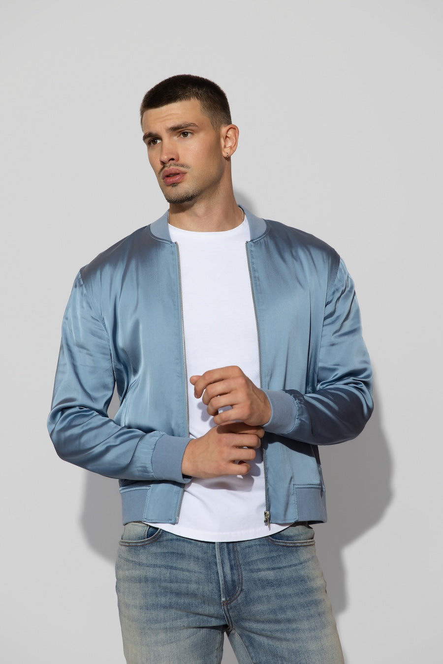Maverick Silk Steel Blue Stretch Bomber Jacket by MONFRERE