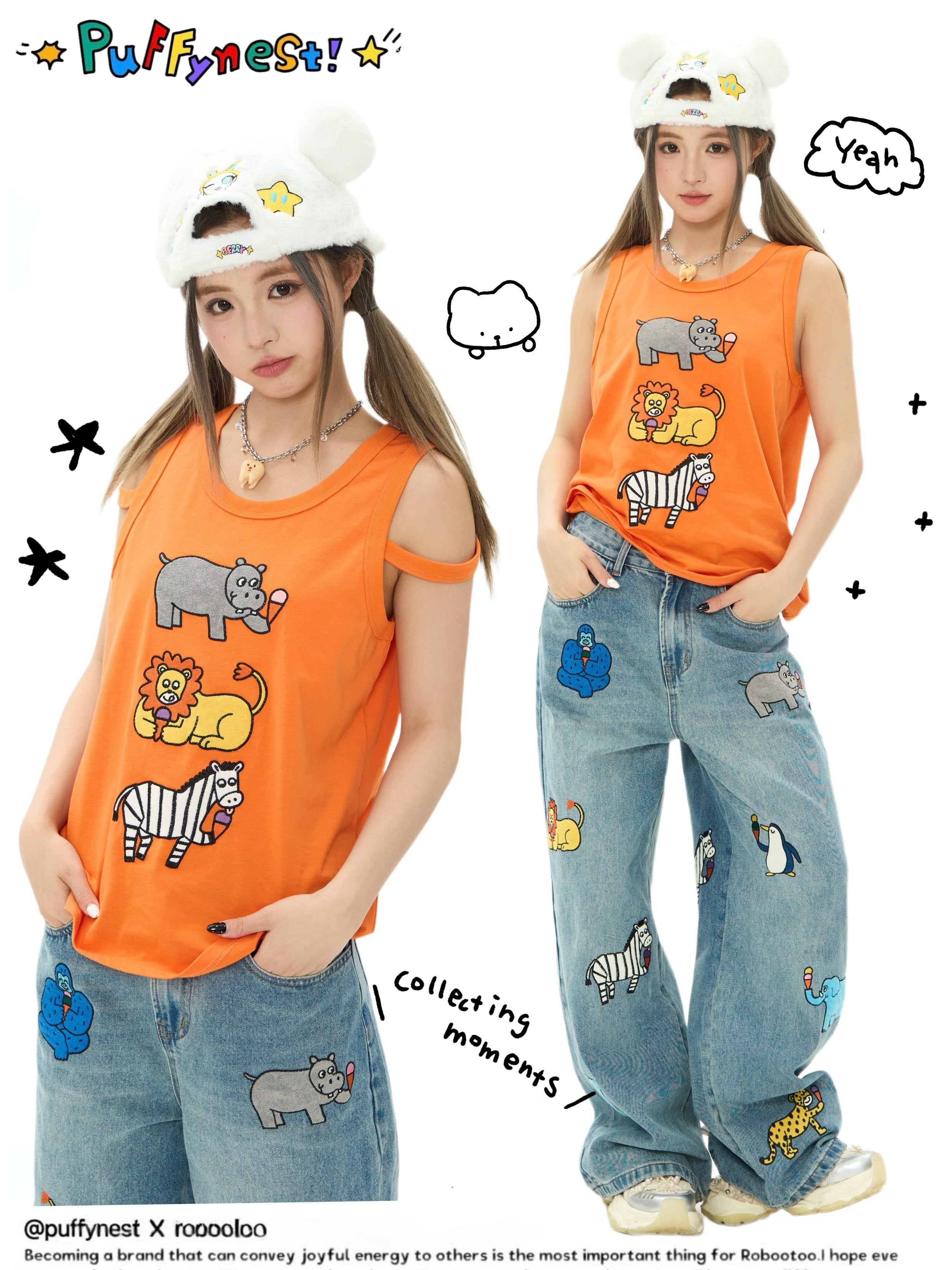Orange Embroidered Tank Top Y2K Kawaii - Robootoo by Land Decora