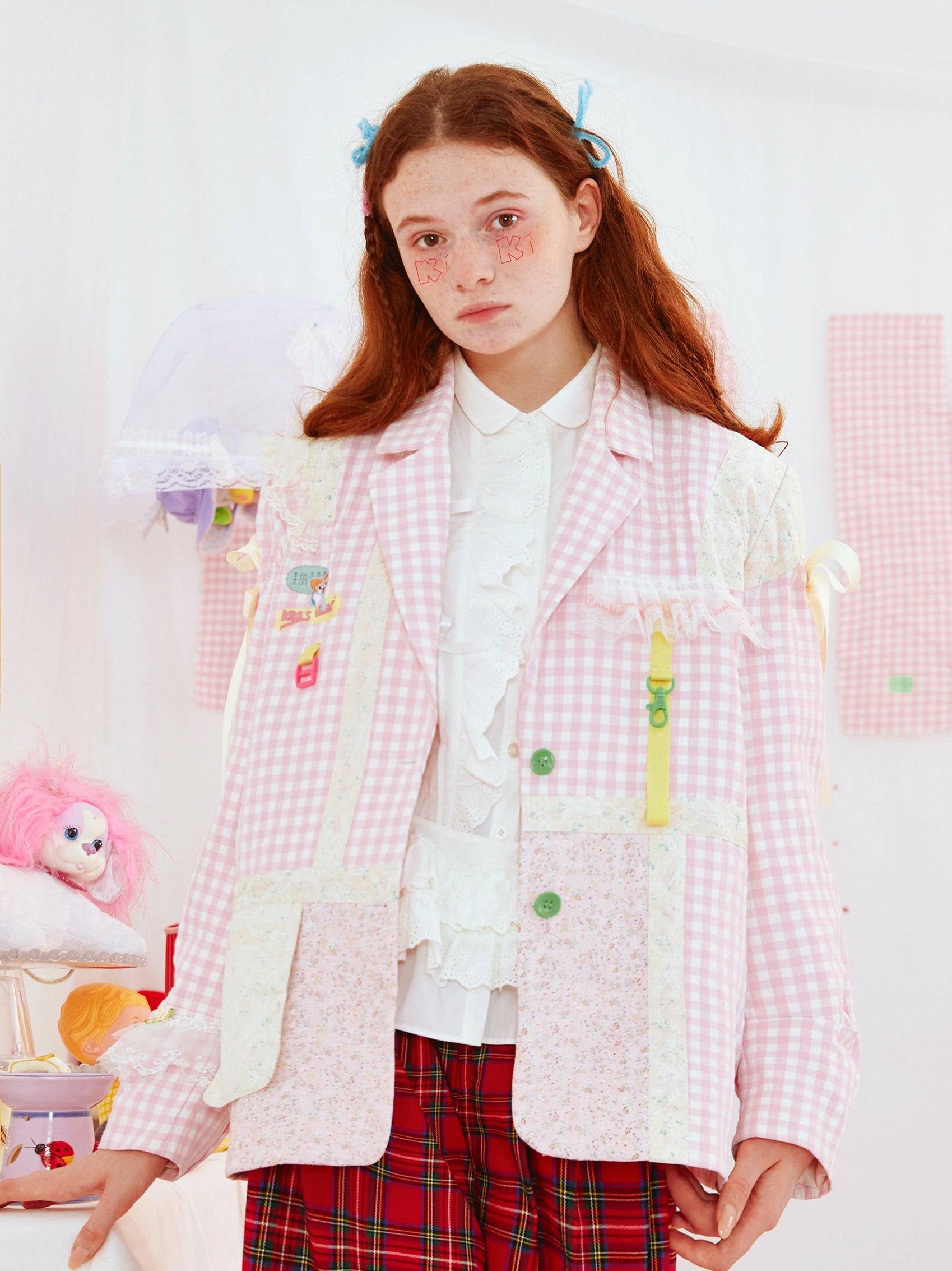 Harajuku Blazer Floral Patchwork Lace Plaid Blush Blue Cute Blazer Jacket - HELPHELP by Land Decora