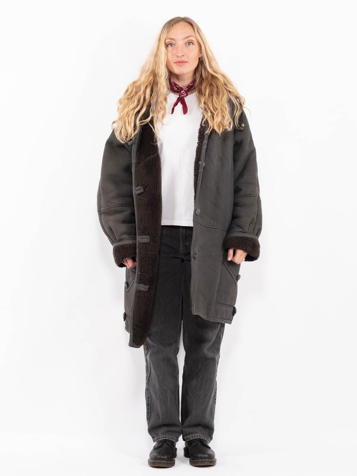 Vintage 90's Women Faux Sheepskin Coat in Gray by Northern Grip